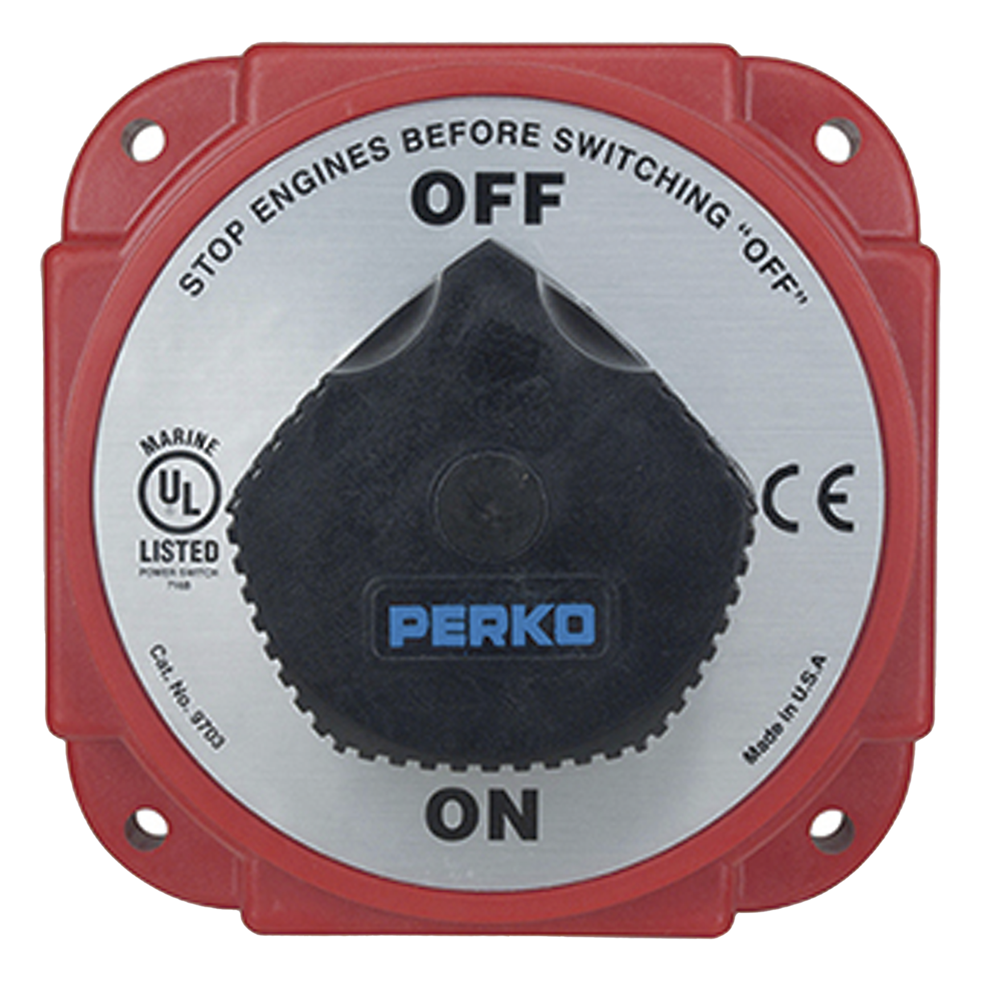 Interruptor Desconexión Batería 9703 con Desconexión Campo Alternador, 480 Amperios Continuos, 1200 Amperios Intermitentes, 6-32 VDC, Terminales 1/2 Pulgada, Montaje Marino — PERKO · SKU 9703DP