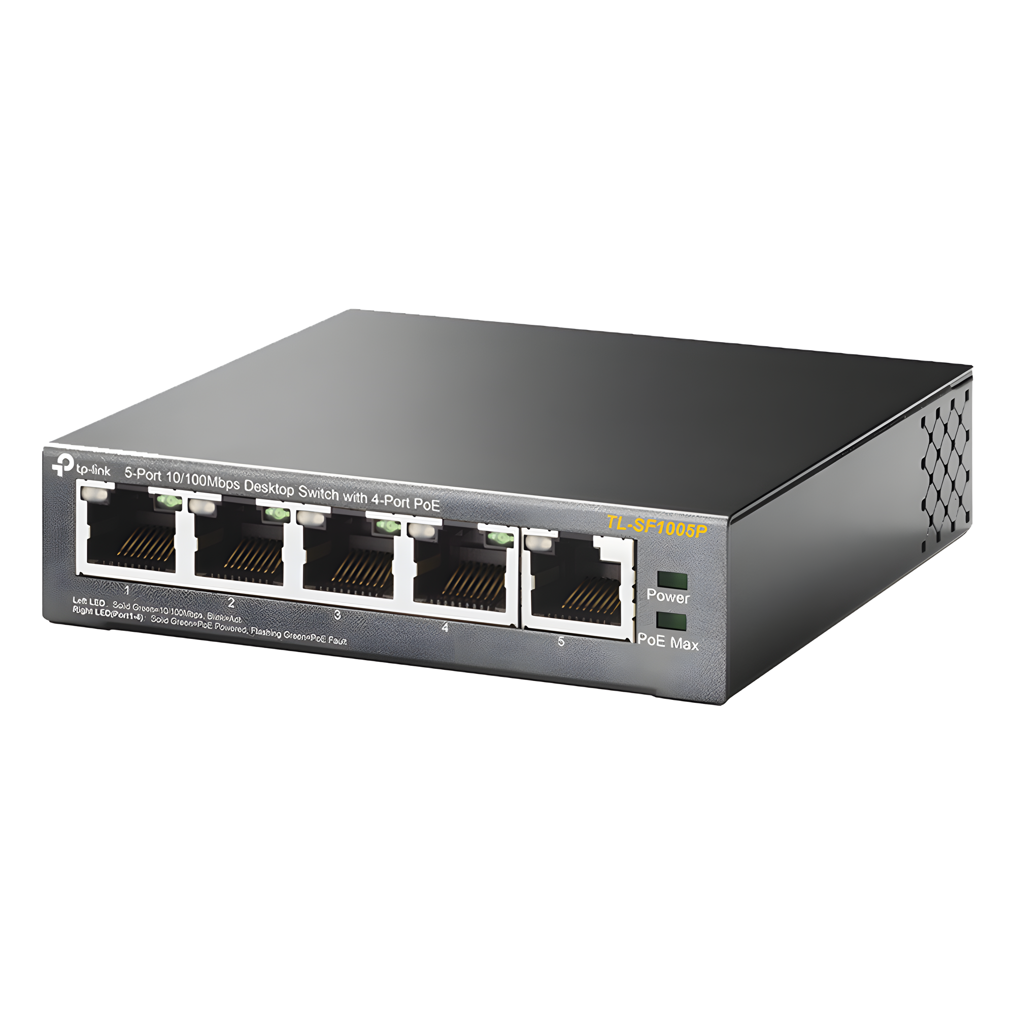 Switch PoE no Administrable de escritorio / 5 puertos 10/100 Mbps / 4 puertos PoE af/at / Presupuesto 67 W / Modo Extensor hasta 250 m / Calidad video prioritaria — TP-LINK · SKU TL-SF1005P