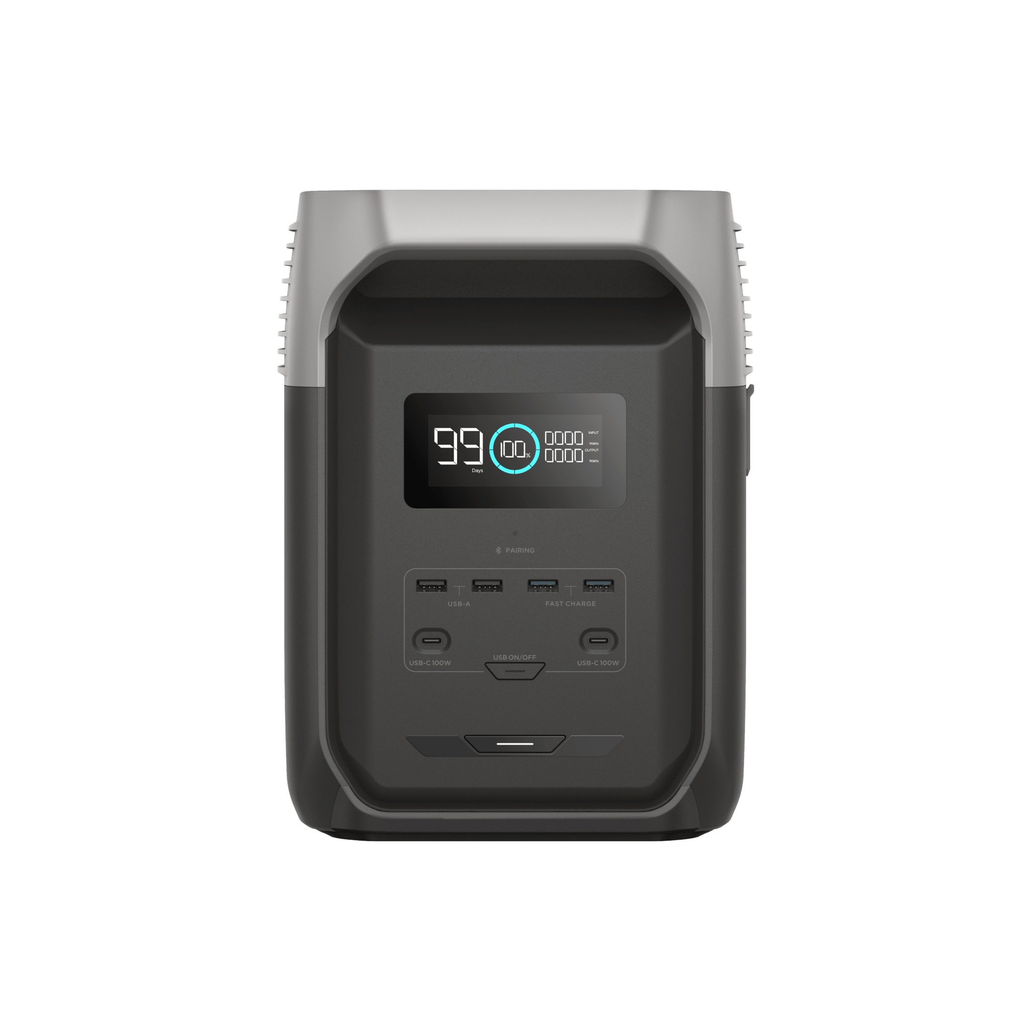 Estación de Energía Portátil Delta 3 1536Wh Litio LFP / 6 AC 1800 W (Max. 3600W) / 2 USB-C 100W / Capacidad para Aumentar Respaldo / Cargador de Coche 10A a 12.6V / Conectividad WiFi y Bluetooth (App) / Carga Solar 500W Max.