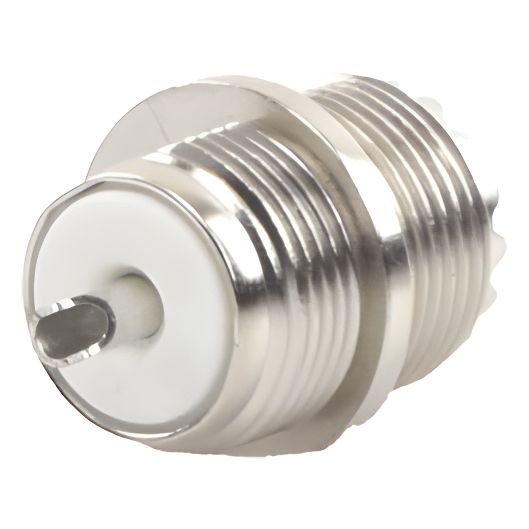 Conector UHF Hembra (SO-239) en Línea, Montaje Frontal en D Plano, Níquel/ Plata/ Baquelita. — RF INDUSTRIES,LTD · SKU RFU-523