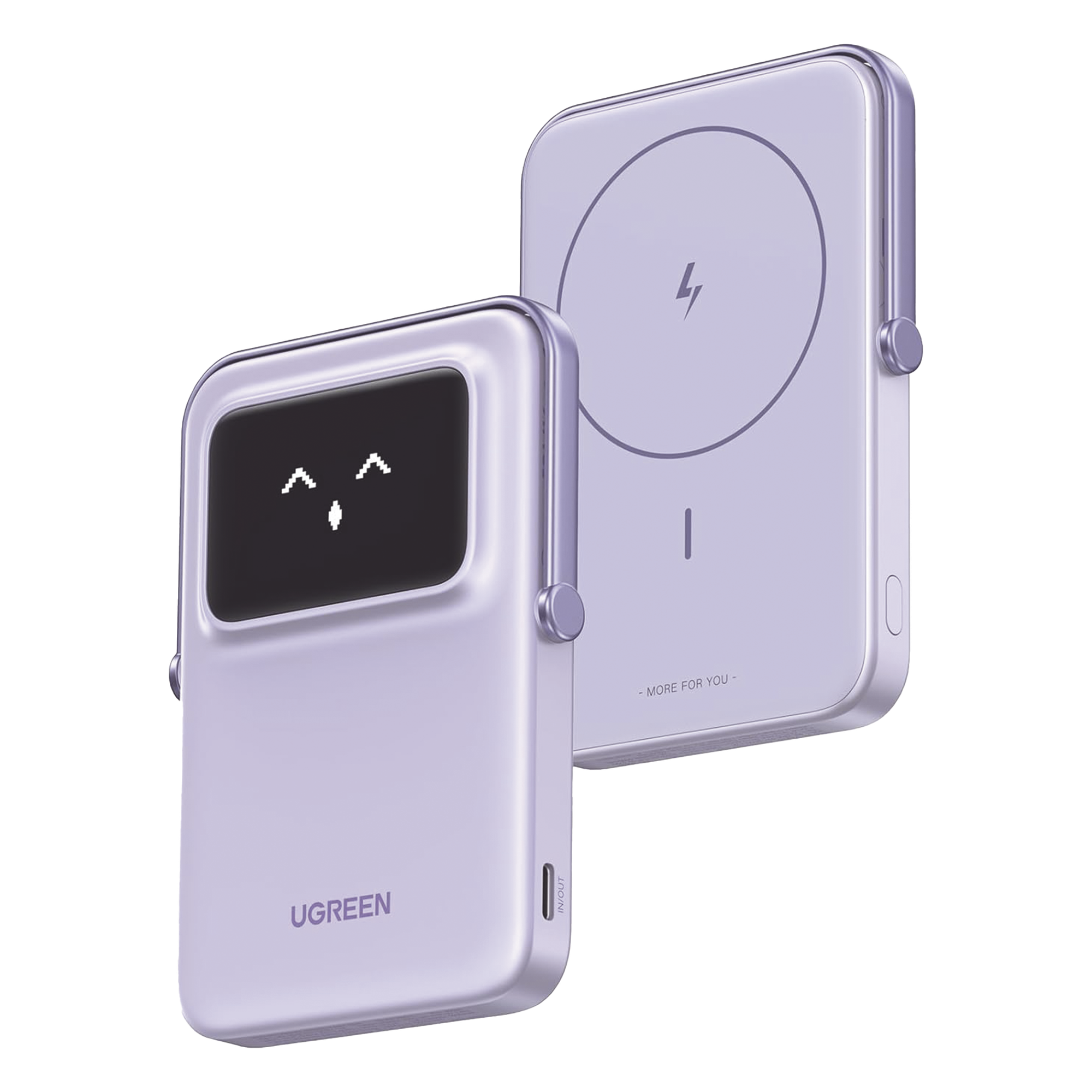 Power Bank Serie UNO Inalambrico | 10000mAh | 7.5W/20W | Con Emojis de Estado | Carga Rápida USB-C Bidireccional | Pantalla TFT Inteligente | Con Holder | Color Purple. — UGREEN · SKU 45328