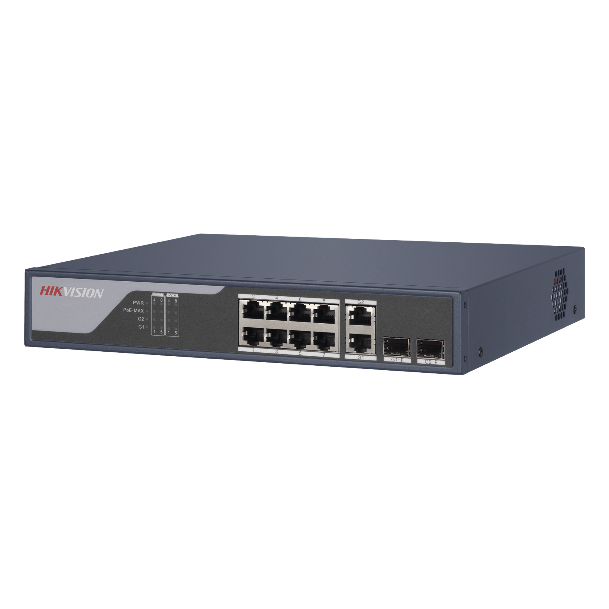 Switch PoE+ / Administrable / Uso en Rack / 8 Puertos 10/100 PoE+ /  2 Puertos 1000 Mbps Uplink  / 2 Puertos SFP / Configuración Nube desde Hik-PartnerPro / Modo Extendido hasta 300 Metros / 125 W