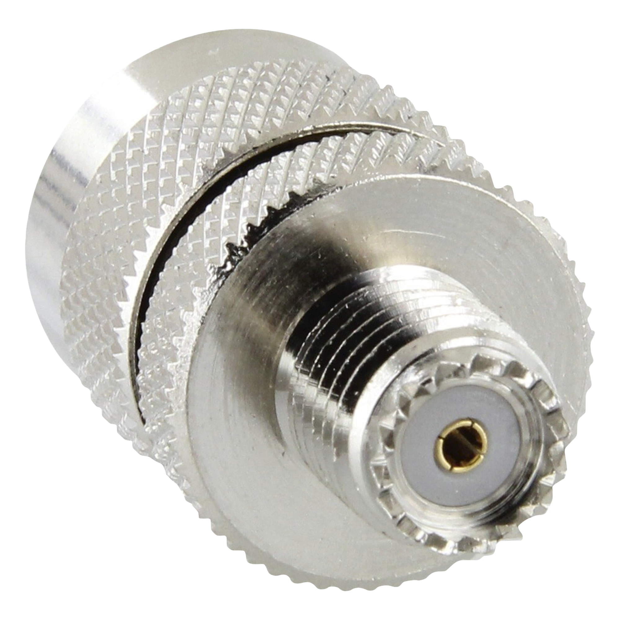 Adaptador en Línea de Conector Mini UHF Hembra a UHF Macho (PL-259), Níquel/ Oro/ Teflón. — RF INDUSTRIES,LTD · SKU RFU-626