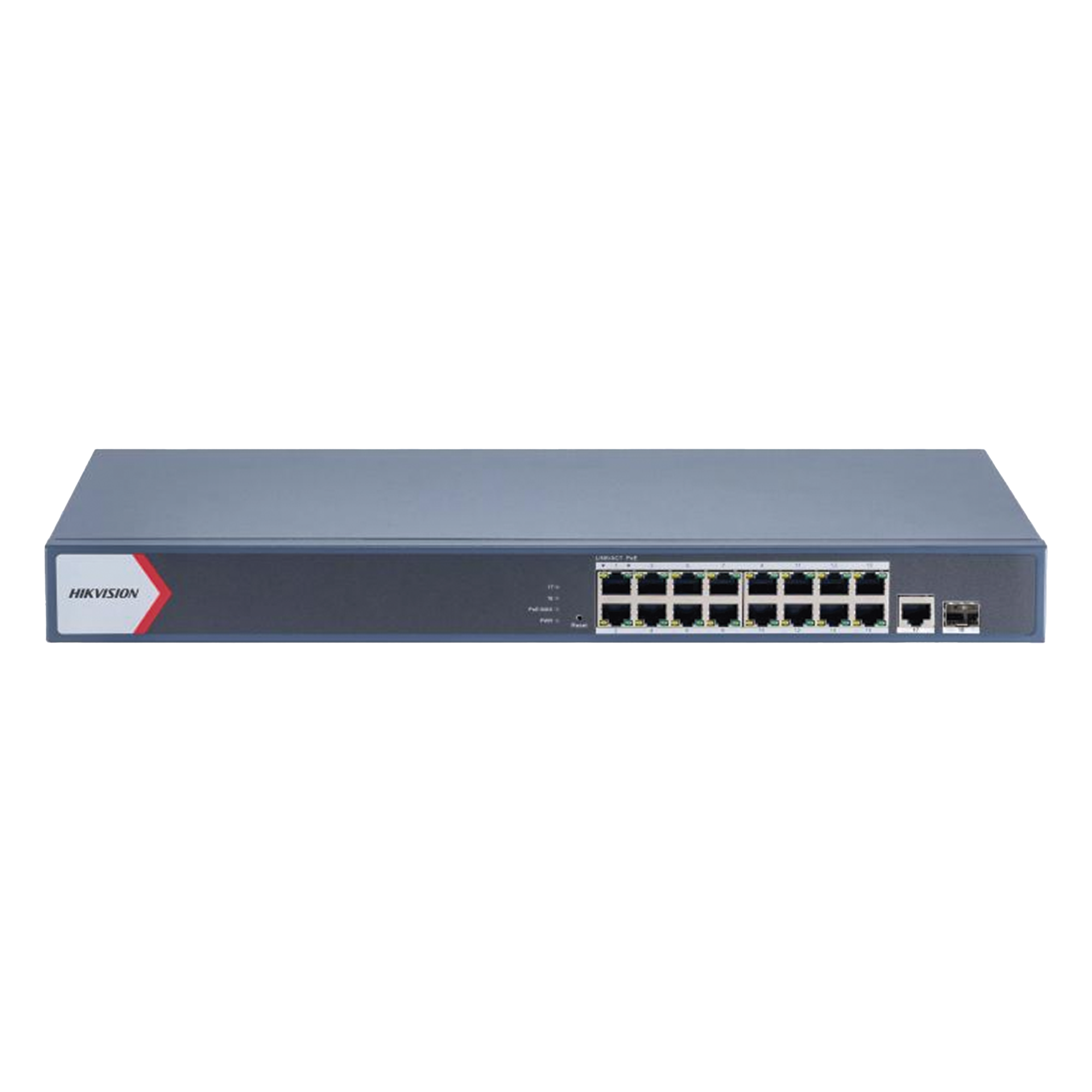 Switch Gigabit PoE+ / Administrable / 16 Puertos 1000 Mbps PoE+ / 1 Puerto 1000 Mbps de Uplink / 1 Puerto SFP / Configuración Nube desde Hik-Partner Pro / Modo Extendido hasta 300 Metros / 230 Watts — HIKVISION · SKU DS-3E1518P-EI