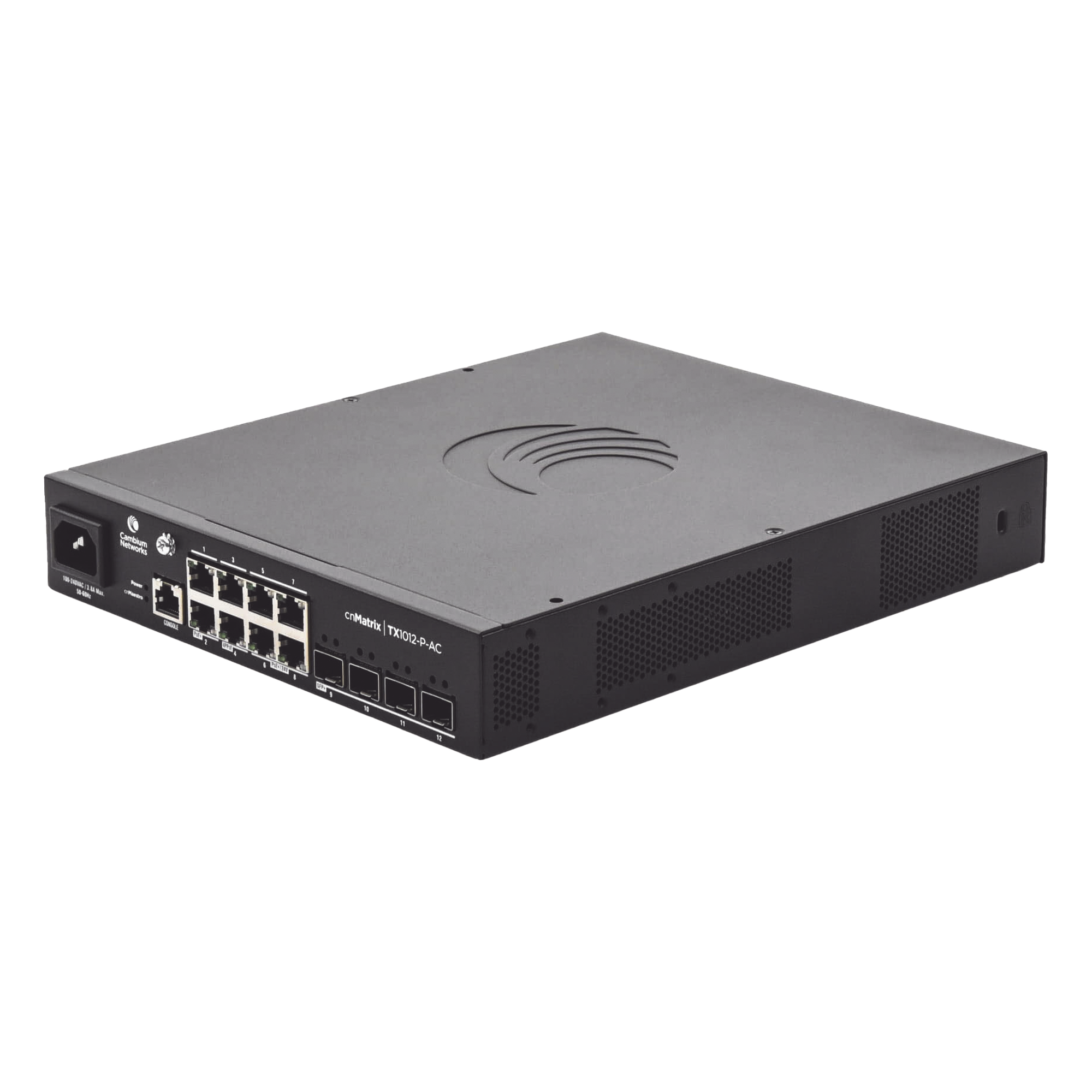 Switch cnMatrix TX1012-AC-P PoE Ideal para WISP / 8 Puertos Gigabit PoE + 4 SFP+ / PoE Budget 200W /Capa 2 y Capa 3 / Gestión Gratuita Desde la Nube — CAMBIUM NETWORKS · SKU MX-TX1012GXPA-00