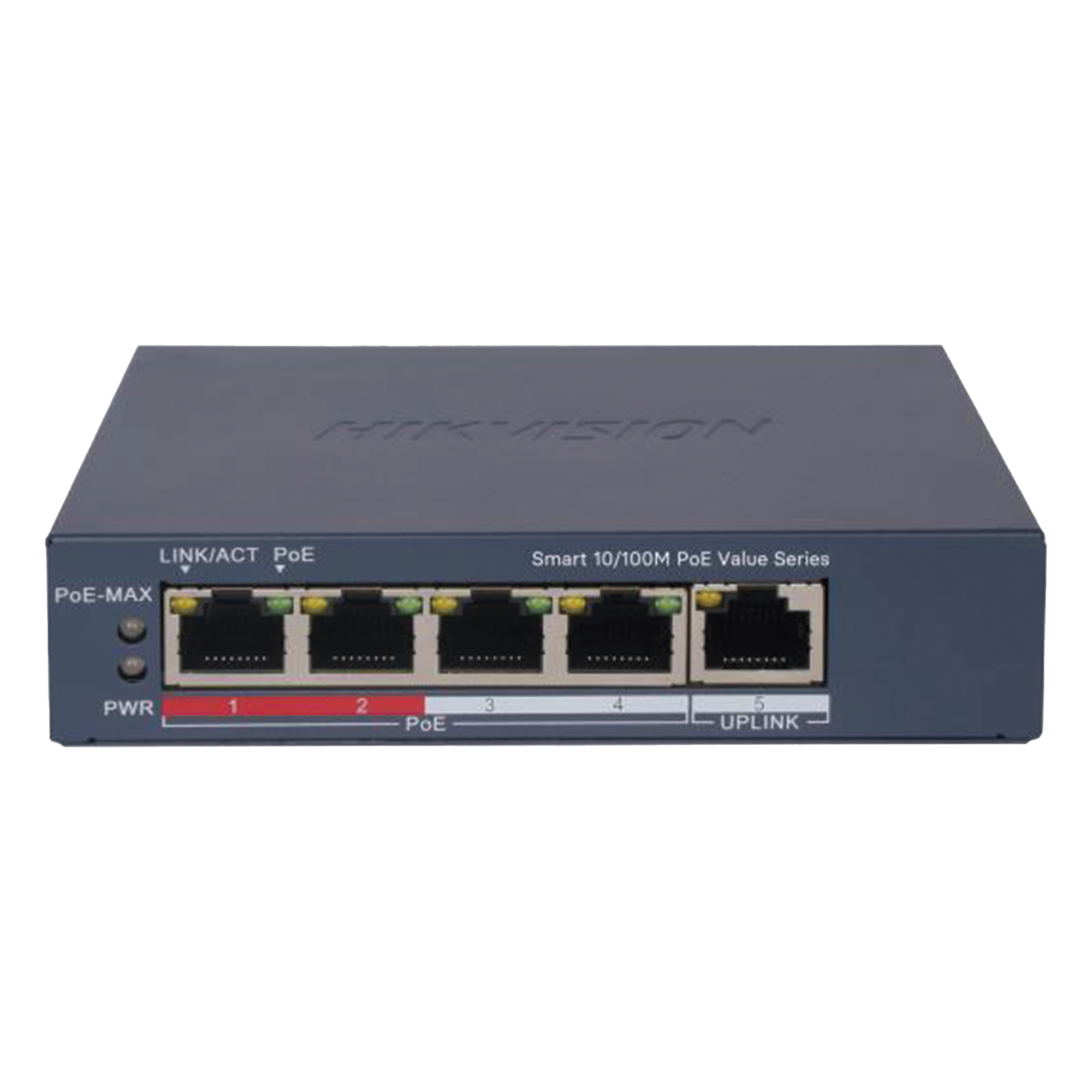Switch PoE+ / Monitoreable / 4 Puertos 10/100 Mbps PoE+ / 1 Puerto 10/100 Mbps Uplink / Configuración Nube Hik-PartnerPro / Modo Extendido hasta 300 Metros / 45 W — HIKVISION · SKU DS-3E1105P-EI/M
