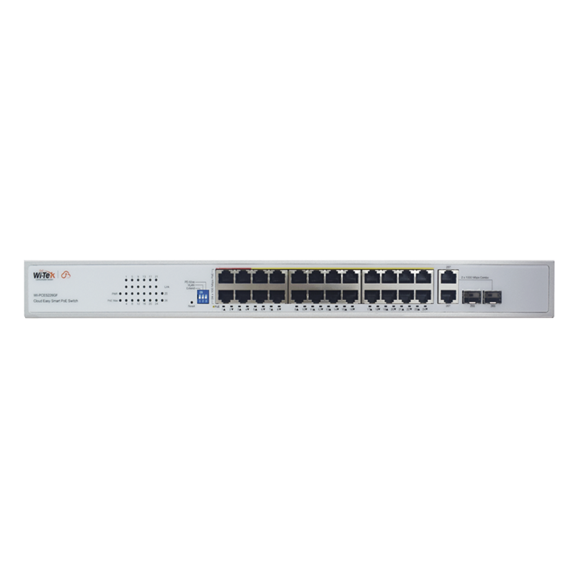 Switch PoE (802.3af/at/bt) / No administrable de largo alcance / Hasta 250m / Con 24 x 10/100Mbps + 2 x SFP Gigabit Combo / 280 W — WI-TEK · SKU WI-PCES226GF