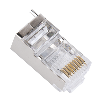 Bote con 100 Piezas de Plug Modular RJ45 Cat5e Blindado, Chapado de Oro a 30 Micras para Durabilidad Extrema con Pin de Tierra