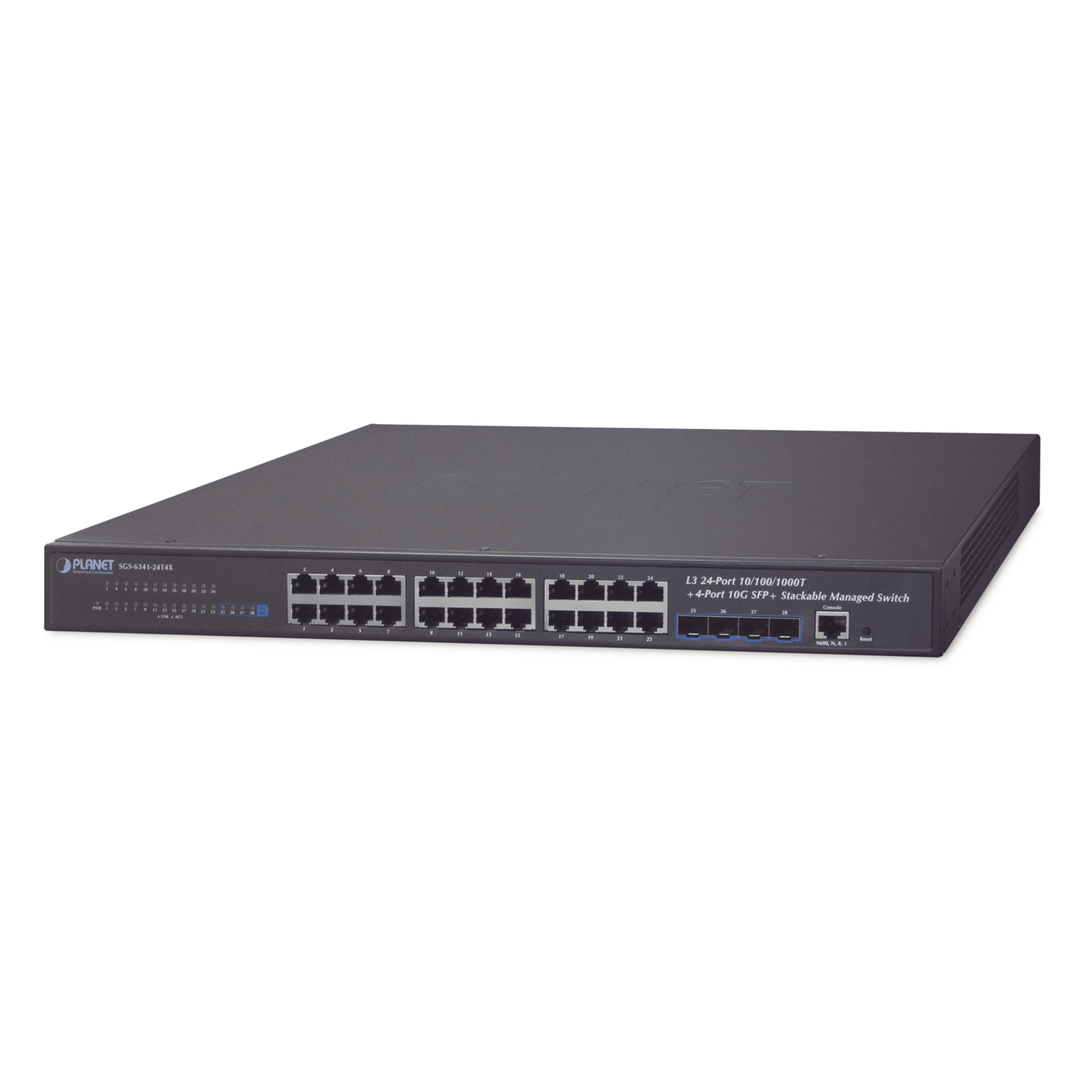 Switch Administrable Capa 3, 24-Puertos 10/100/1000T + 4-Puertos 10G SFP+, Apilable — PLANET · SKU SGS-6341-24T4X