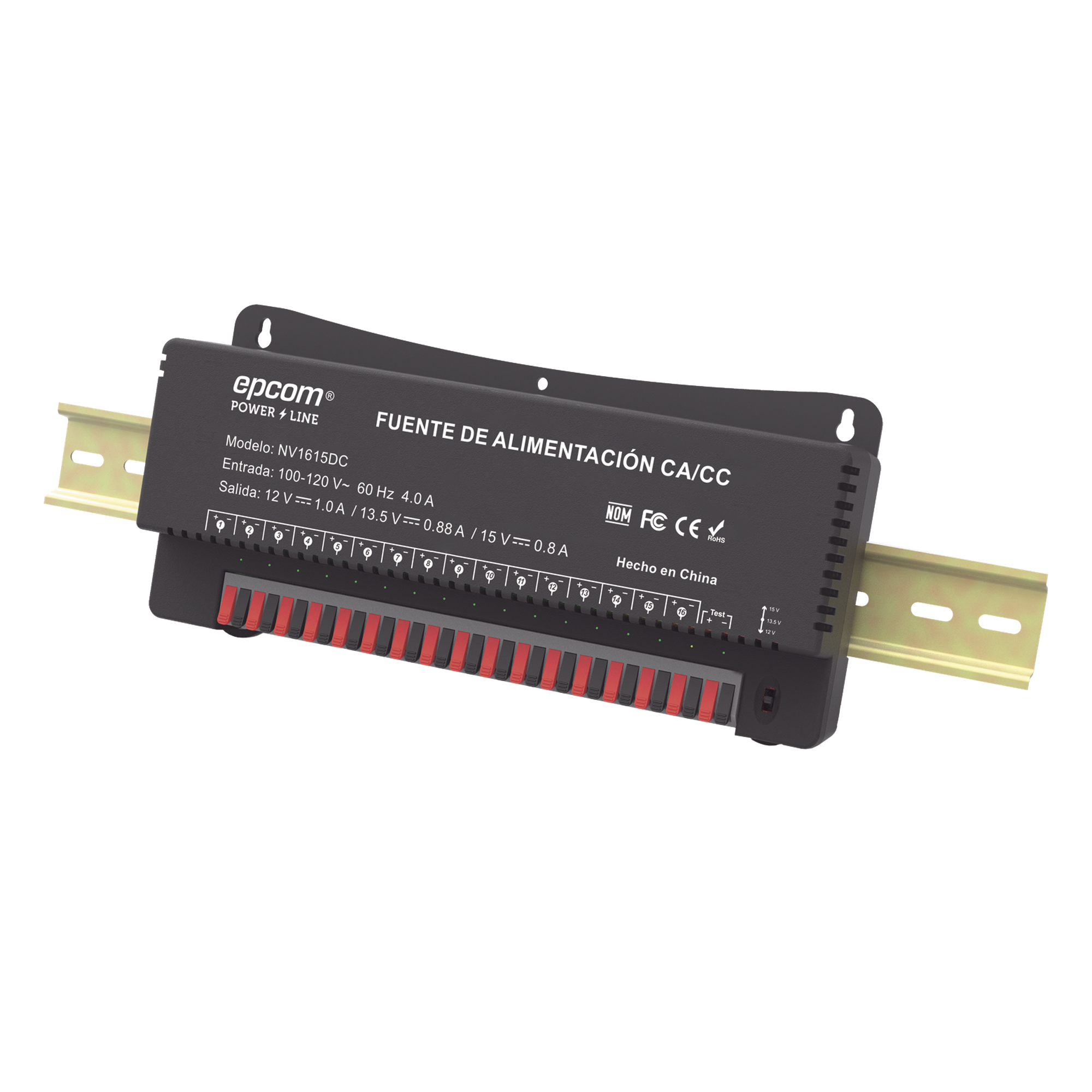 Fuente de Poder / Para 16 Cámaras / Ajustables a 12 o 13.5 o 15 Vcc / 16 Amperes / Instalación en Pared. — EPCOM POWERLINE · SKU NV-1615.DC