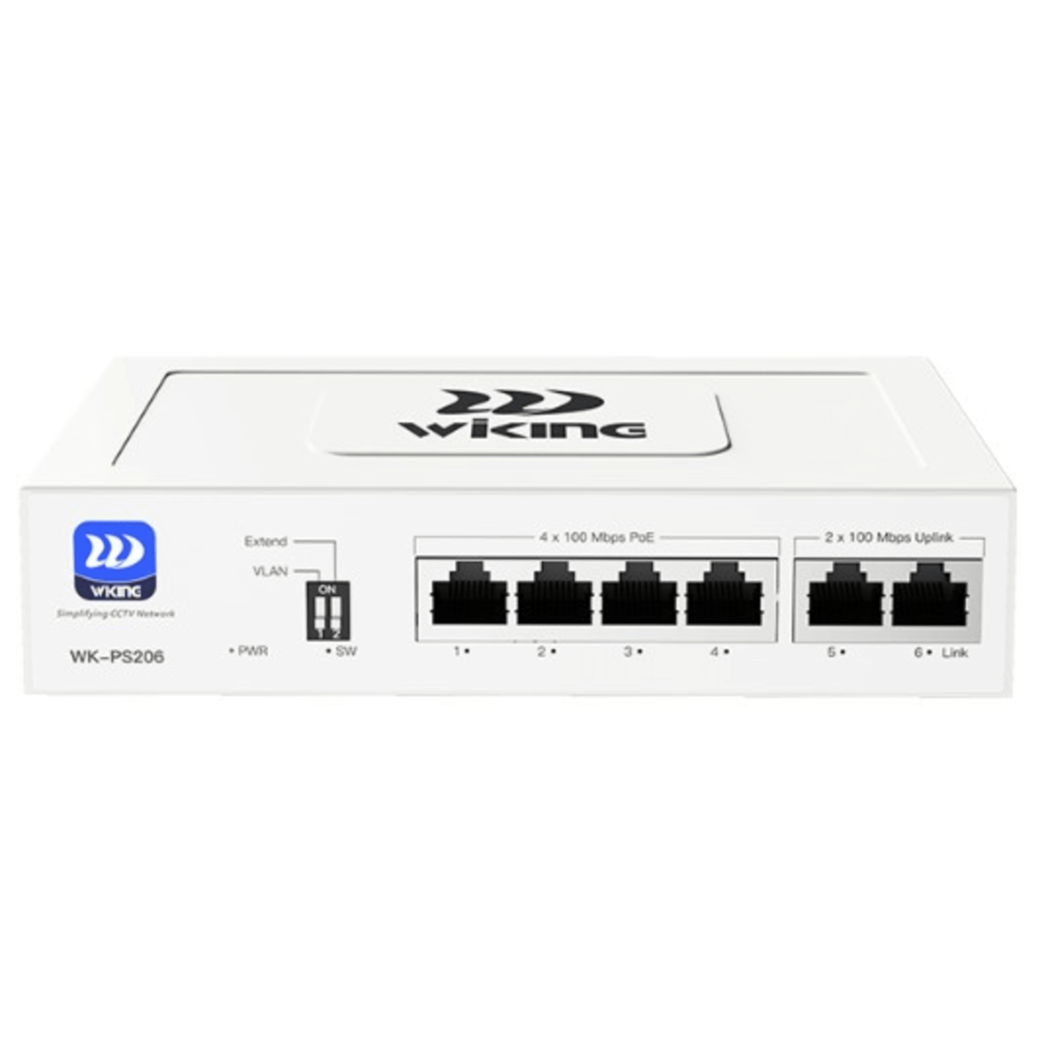 Switch no administrable PoE / Monitoreo Cloud Wi-Tek / Con 4 puertos 10/100 Mbps PoE af/at / 2 Puertos Uplink 10/100 MBPS / Presupuesto 45 W / PoE hasta 250 metros — WI-TEK · SKU WK-PS206