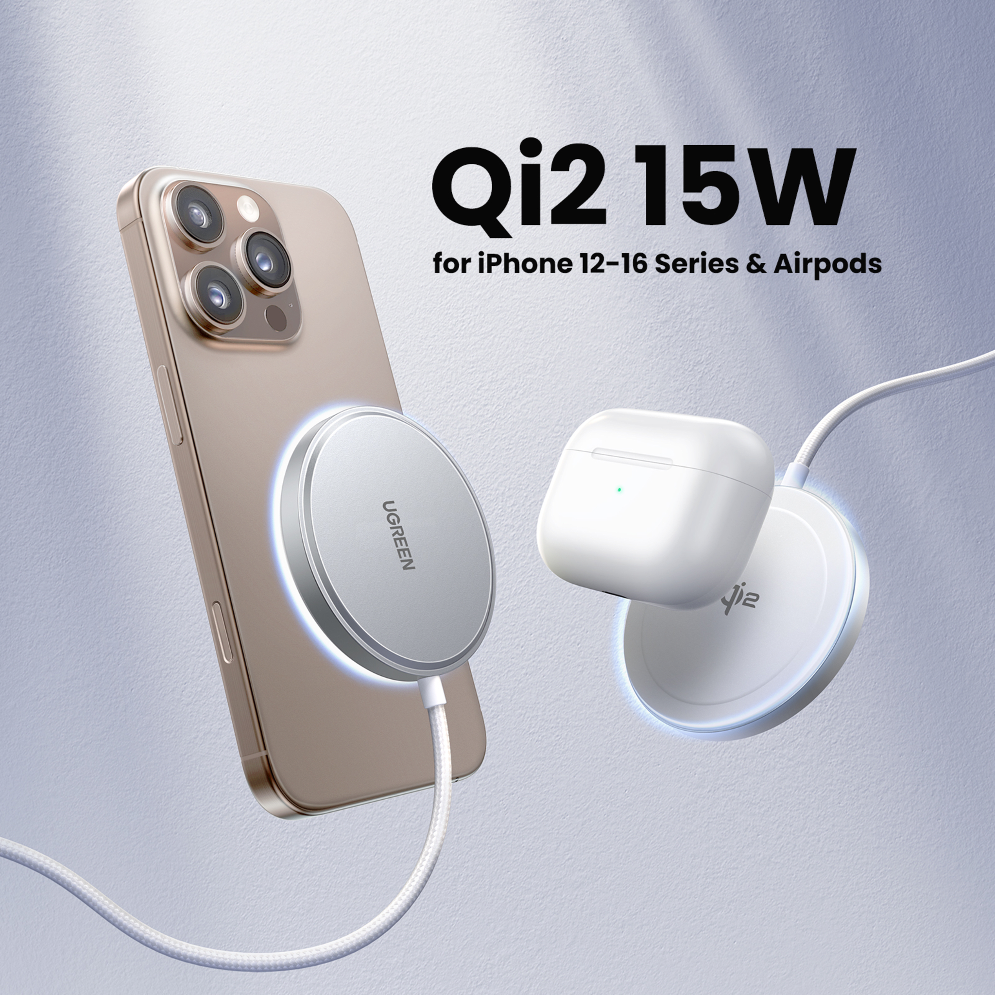 Cargador Inalámbrico Magnético 15W / Protocolo Qi 2 / USB-C 9V 2.2A / Eficiencia 83% / Protección Multinivel / Material PC+ABS+Aleación Aluminio / Cable 1.5m