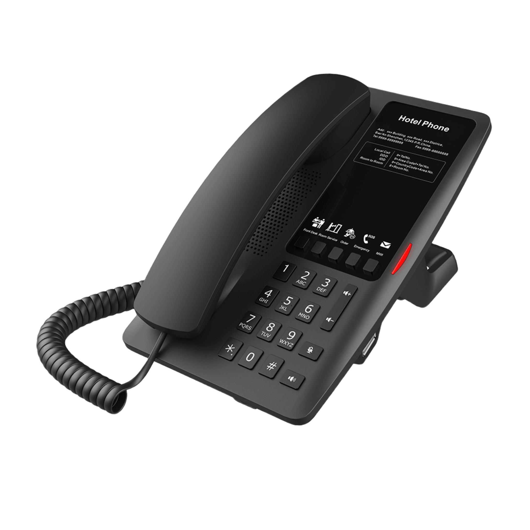 Teléfono IP Hotelero Wi-Fi 6 / 2 Líneas SIP / Doble Banda 2.4/5 GHz / 5 Teclas Programables / Puerto USB-A / PoE 802.3af / Diseño Negro