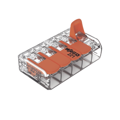 Conector Eléctrico / Borna de Conexión con Palancas / 5 Puntos / 6 mm² Máximo / 30A 450V / Transparente / CAGE CLAMP® / UL-ENEC-CB — WAGO · SKU 221-615