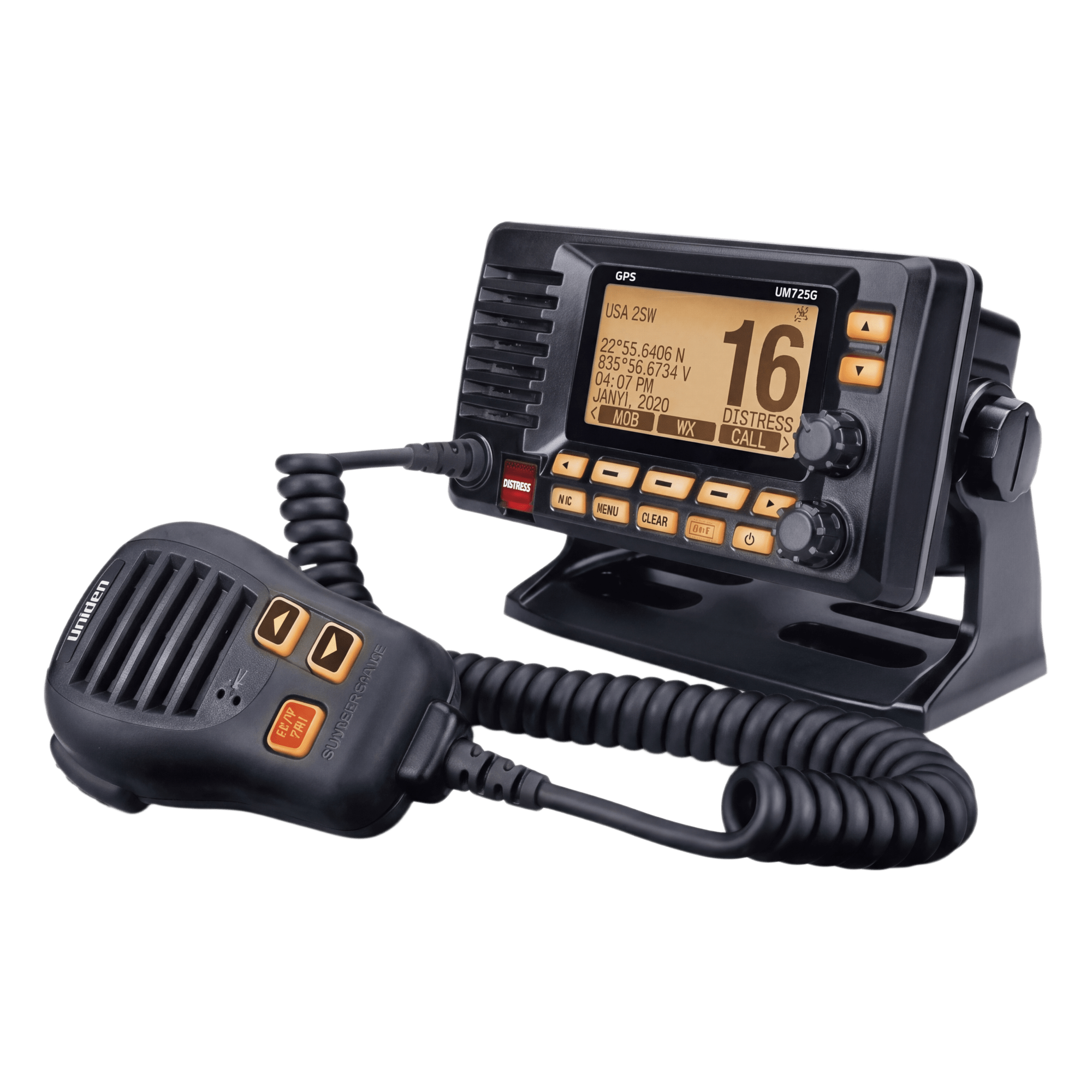 Radio Móvil Marino VHF / 25W RF / GPS Integrado / NMEA 2000 / DSC Clase D / IPX8 Sumergible / Negro — UNIDEN · SKU UM725GBK