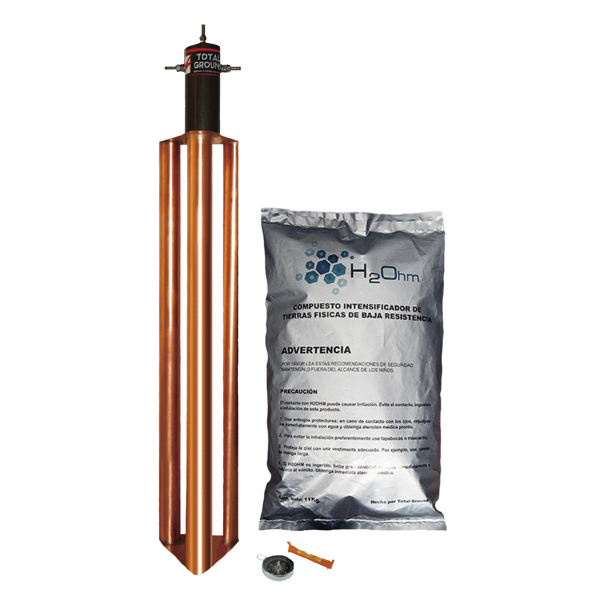 Kit de Puesta a Tierra de 100 Amperes con Electrodo, Filtro y Compuesto H2Ohm. — TOTAL GROUND · SKU TG-100-AB