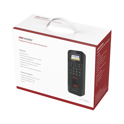 Kit de Control de Acceso TODO INCLUIDO con Lector de Huellas y Tarjetas / 3,000 Huellas / Compatible con App Hik-Connect / Incluye Electroimán Botón de Salida y Montajes Z y L para imán (DS-K1T804)