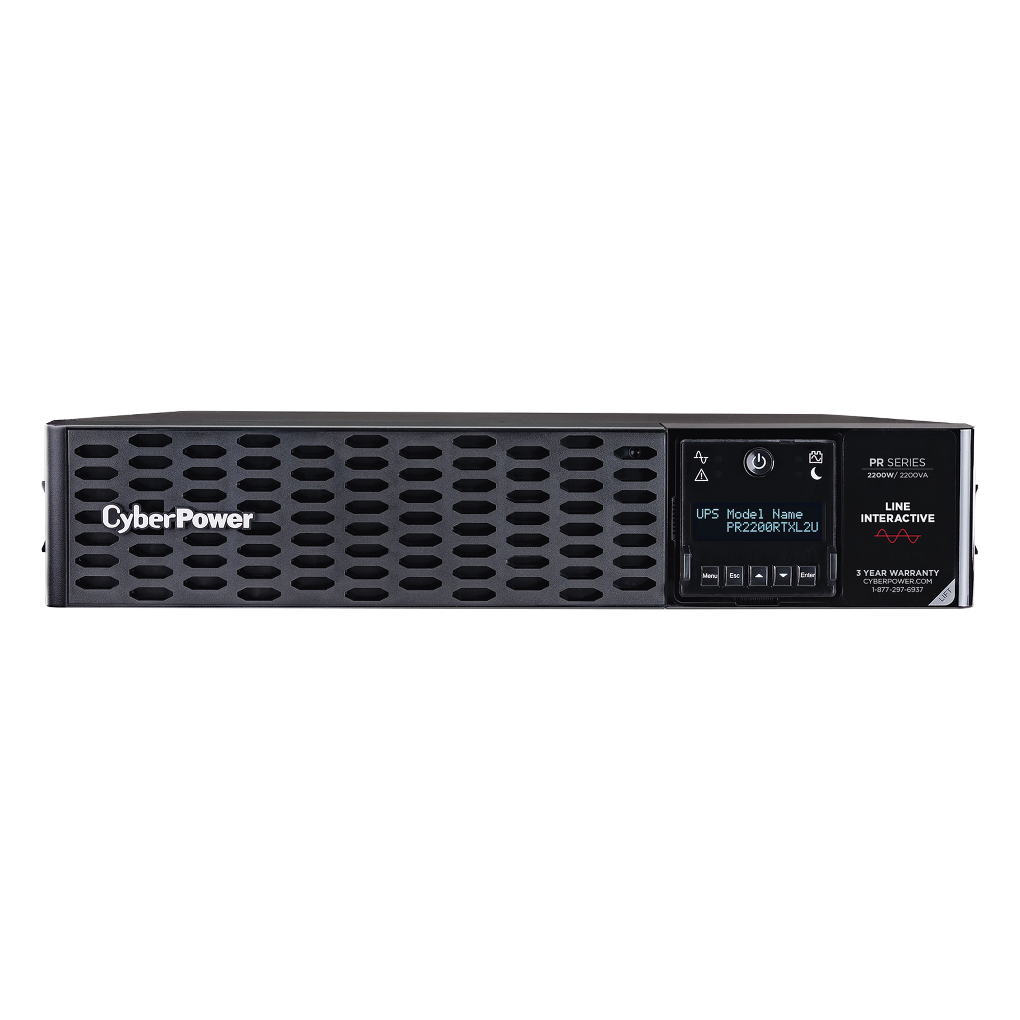 UPS Línea Interactiva / 2200 VA / 2200 W / Factor de Potencia 1.0 / Onda Senoidal Pura / 8 Tomas NEMA 5-20R / Torre o Rack 2 UR — CYBERPOWER · SKU PR2200RTXL2U