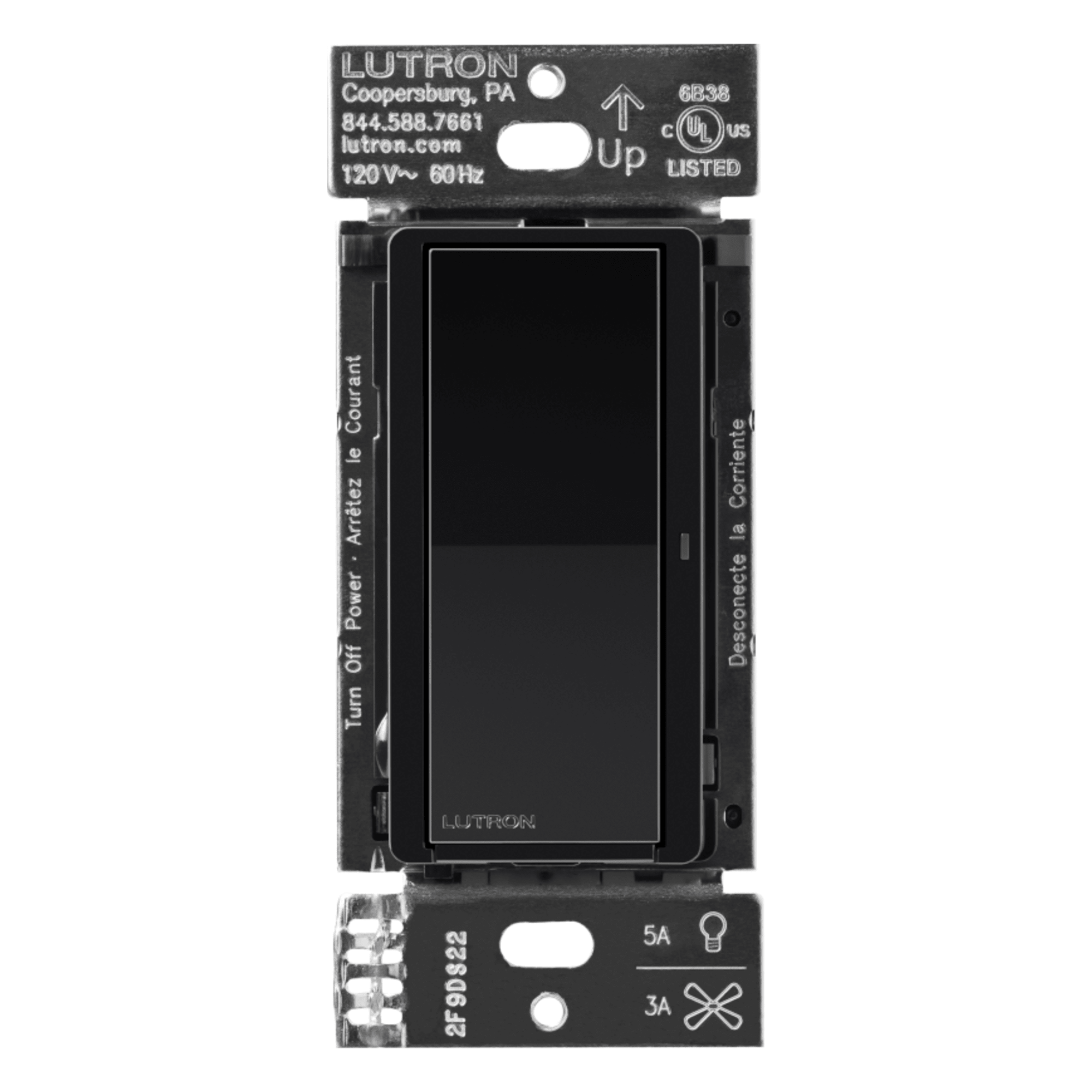 Interruptor de pared inteligente Claro on/off, 120 V con neutro, 5 A en LED y 600 W incandescente, funciona con control Pico y Smart Hub Caseta Wireless, color negro — LUTRON CASETA WIRELESS · SKU DVRF5NSBL