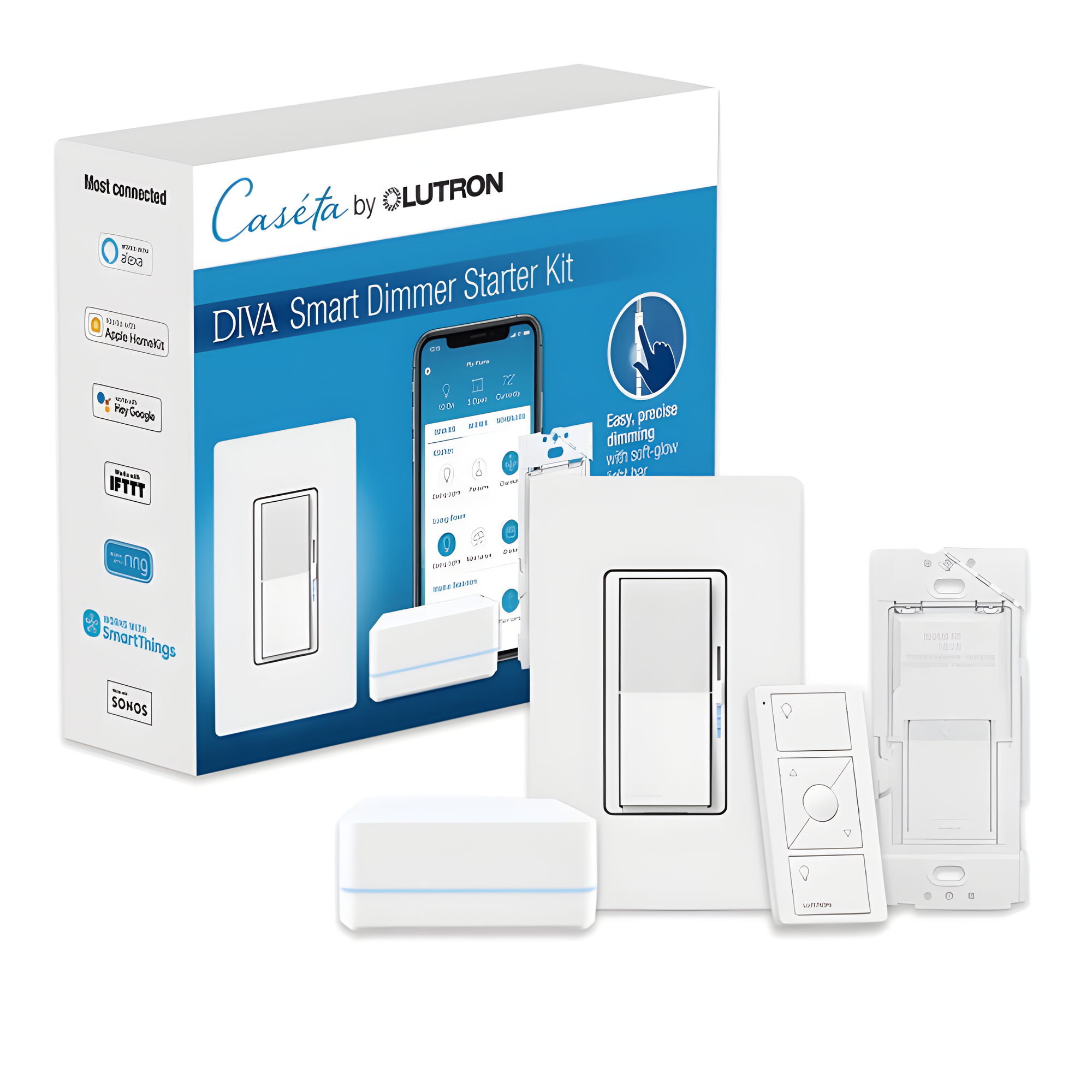Kit de inicio Caseta Wireless con hub, atenuador de pared Diva de 150 W LED o 600 W incandescente sin neutro, control Pico, tapa y adaptador de pared, compatible con Apple HomeKit — LUTRON CASETA WIRELESS · SKU DVRFBDG1D