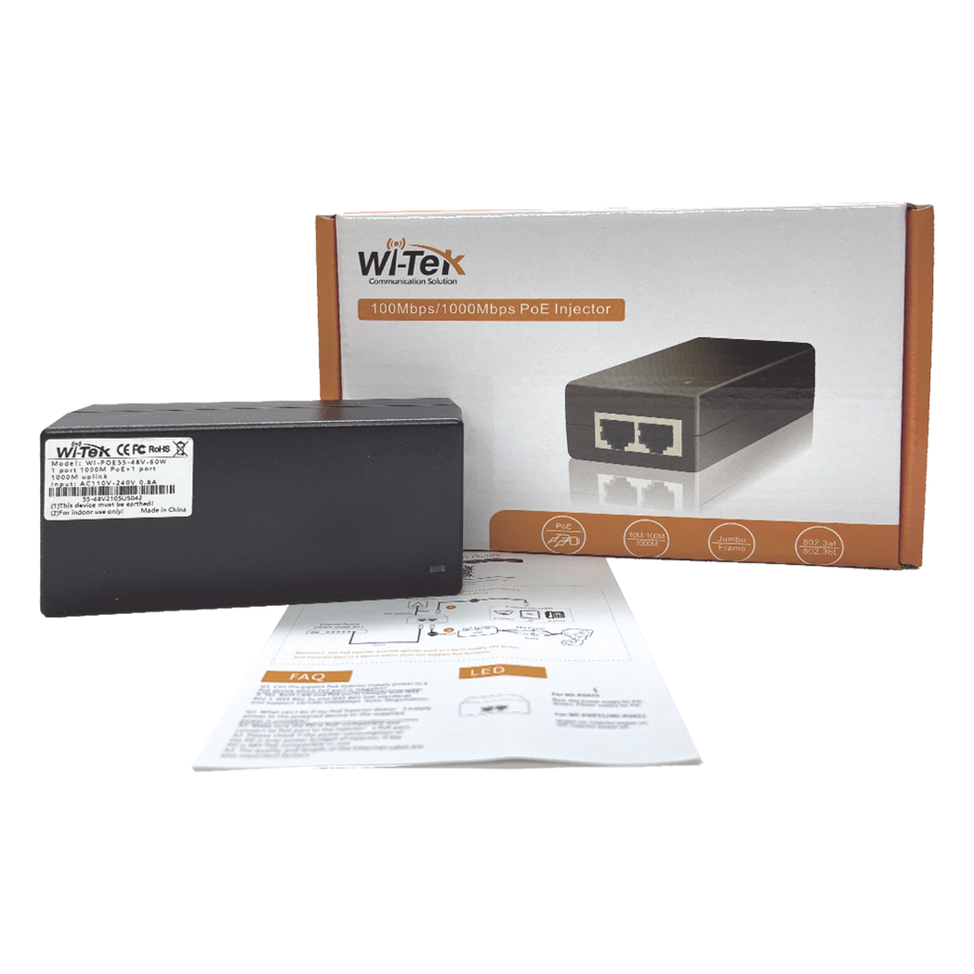 Inyector Hi-PoE 60 W Gigabit / Alimenta Equipos PoE 802.3 af Hasta 15W - PoE at Hasta 30W - PoE bt Hasta 60W / Instalación Para Interior / Alcance de Hasta 100 metros / Plug and Play / No se Necesita Configurar
