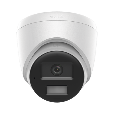 [Dual Light] Turret IP de 2 Megapixel / Lente 2.8 mm / Ángulo de visión 101° / 20 mts IR + 15 mts Luz Blanca / Micrófono Integrado / ACUSENSE Lite / Exterior IP67 / PoE / dWDR / H.265+ / ONVIF