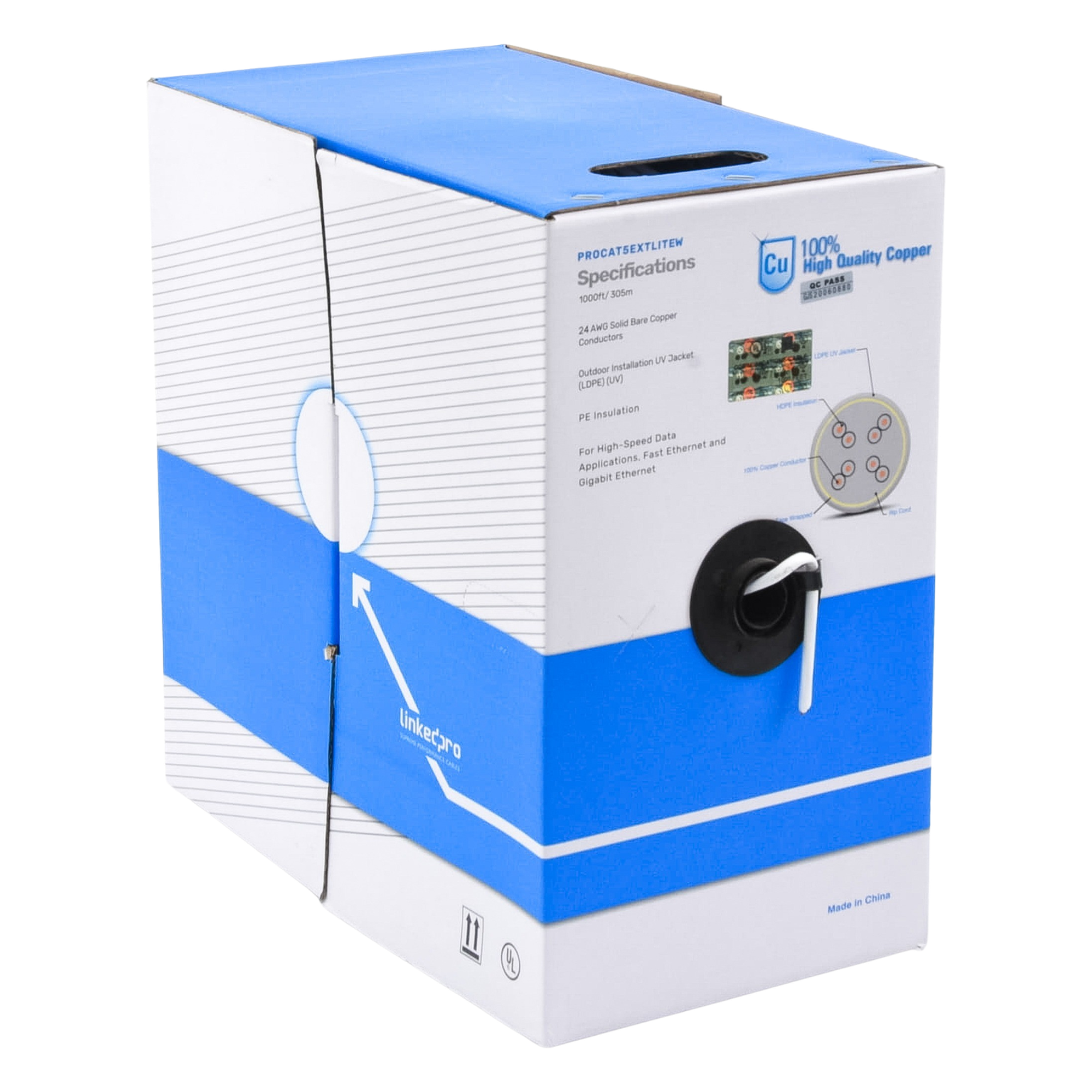 Bobina de Cable UTP Cat5e para Exterior en Color Blanco / 305 Metros (1000 Pies) / Certificada UL / Sin Blindaje