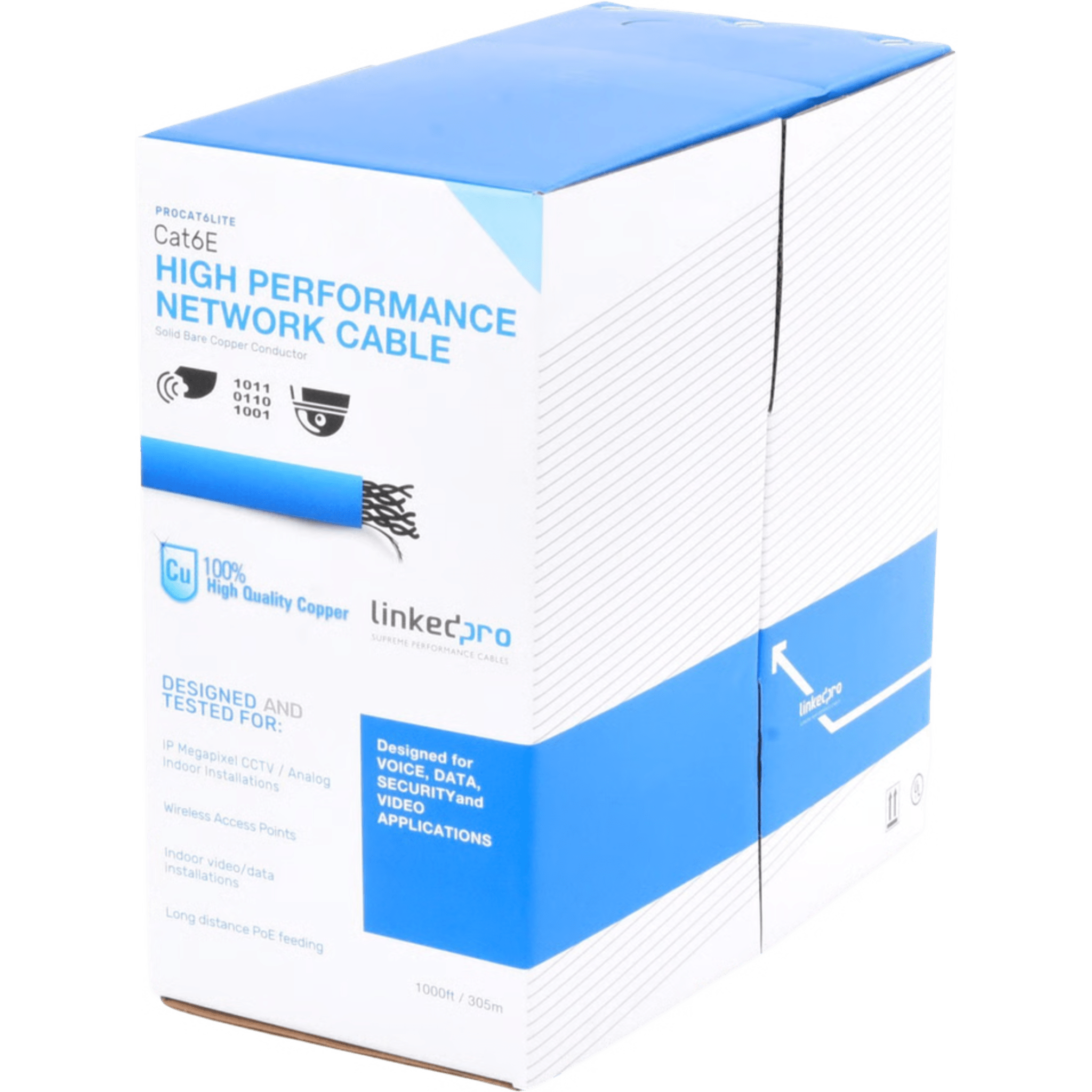 Cable de Red UTP / Cat6 / 24 AWG / 305 m (1000 ft) / 100% Cobre / 250 MHz / CM / Interior / Azul — LINKEDPRO BY EPCOM · SKU PRO-CAT-6-LITE-V2