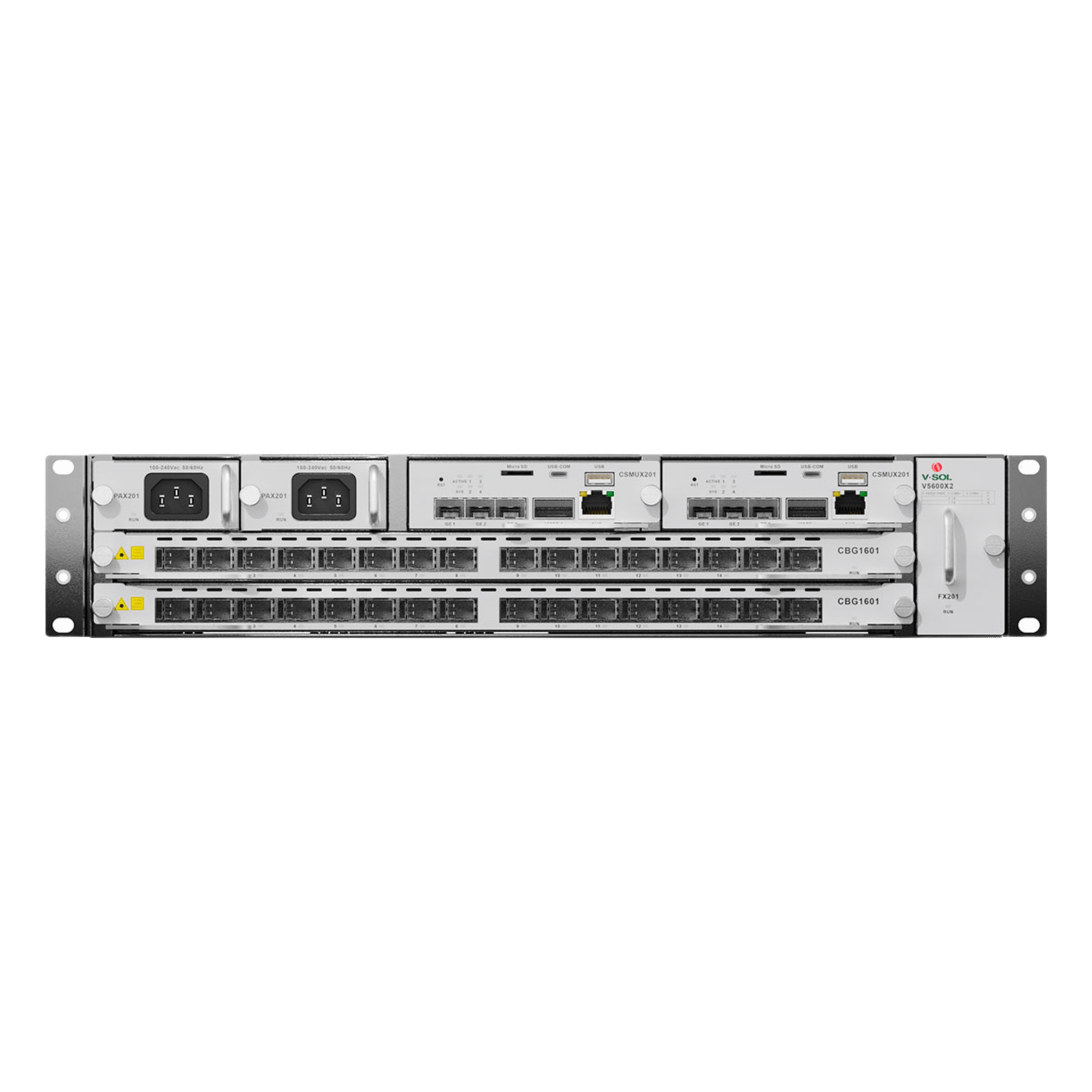 OLT Modular tipo Chasis GPON/XGS-PON Combo,1 Tarjeta de Servicio de 16 Puertos GPON, 2 Ranuras, 2 Fuentes de Alimentación AC, 2 UR — V-SOL · SKU V5600-X2