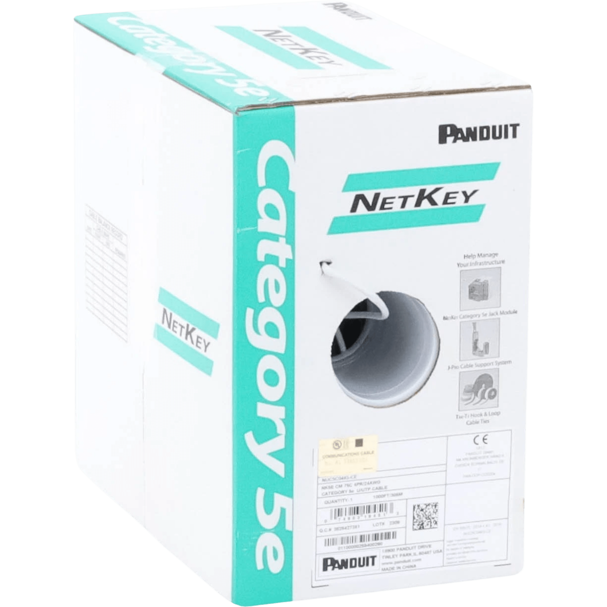 Bobina de Cable UTP 305 Metros (1000 Pies) de Cobre, NetKey, Gris Claro, Categoría 5e (24 AWG), PVC (CM), de 4 Pares — PANDUIT · SKU NUC5C04IG-ME
