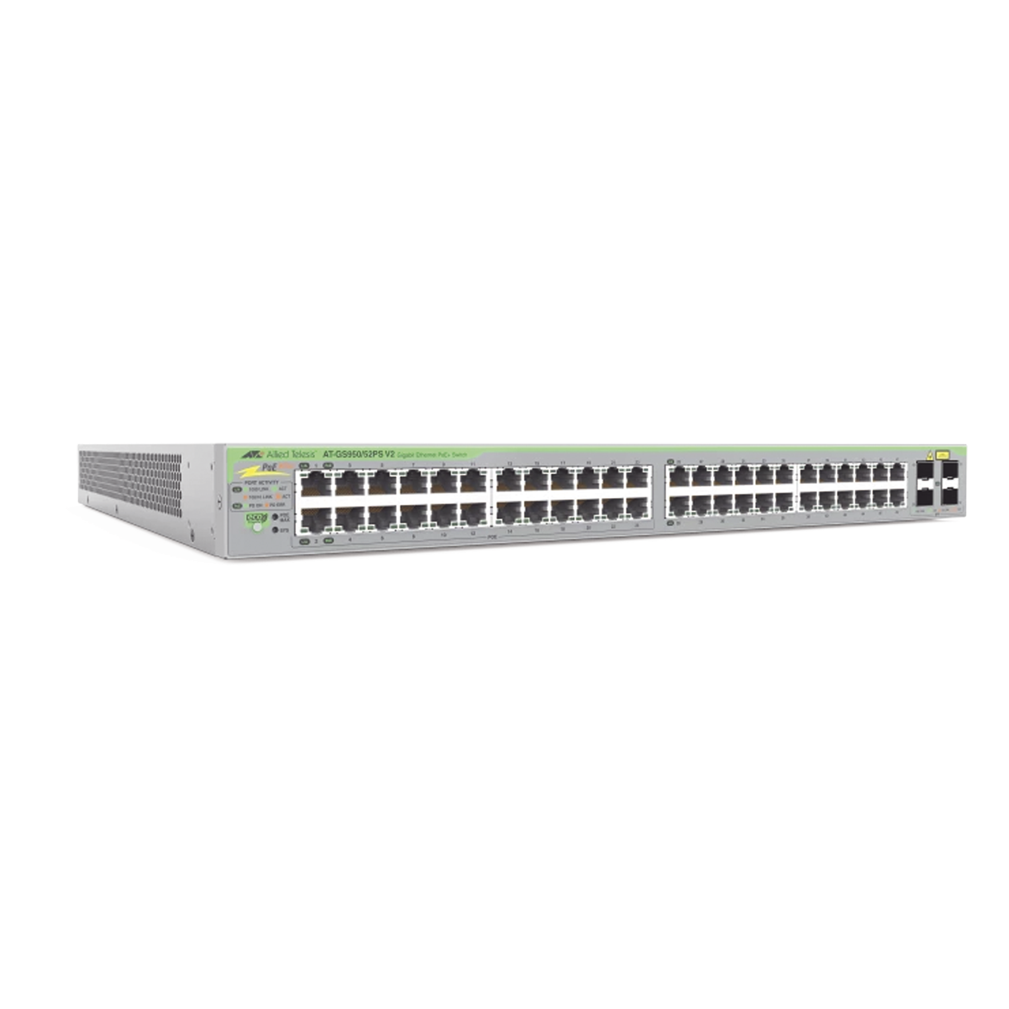 Gigabit webSmart switch, 48 Puertos Totales, 24c/PoE+ 10/100/1000T, 4 Puertos SFP — ALLIED TELESIS · SKU AT-GS950/52PS-V2-10