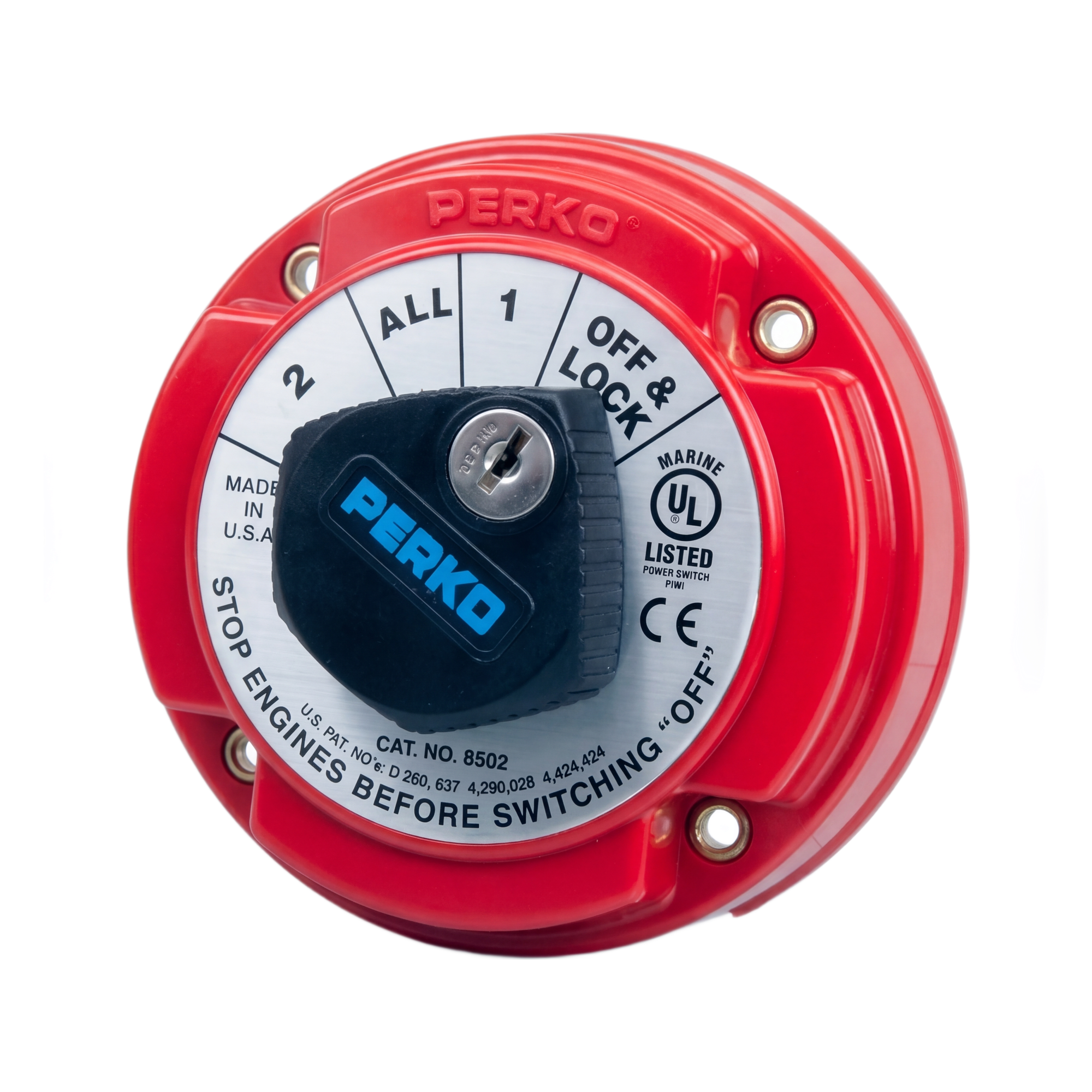 Switch Selector de Batería Marina PERKO 8502 con Llave / 250A Continuos 360A Intermitentes / 6-32 VCC / Selector 1-2-Both-Off / Bloqueo con Llave / Encendido Protegido · SKU 8502DP