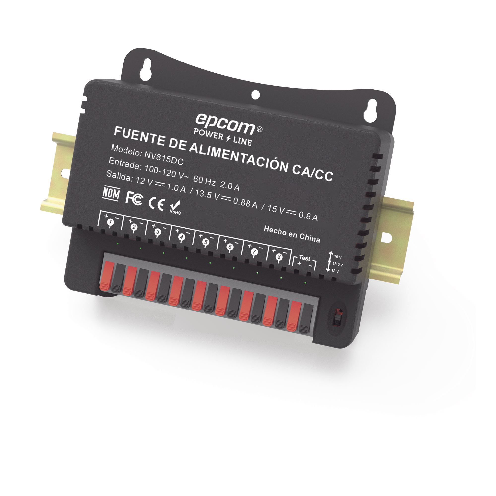 Fuente de Poder / Para 8 Cámaras / Ajustables a 12 o 13.5 o 15 Vcc / 8 Amperes / Instalación en Pared. — EPCOM POWERLINE · SKU NV-815-DC