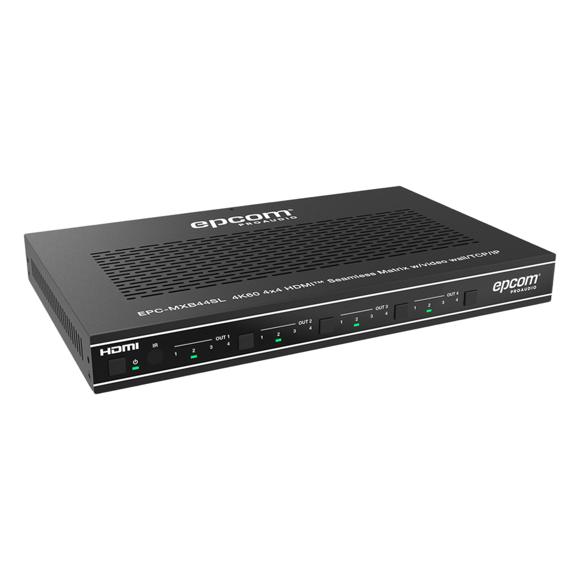 Matriz HDMI 4×4 | Video Wall | Seamless Switch | 10 Modos de Visualización | 4K@60Hz 4:4:4 | HDMI 2.0b y HDCP 2.2 | Control vía Web, IR, RS-232 y TCP/IP — EPCOM PROAUDIO · SKU EPC-MXB44SL