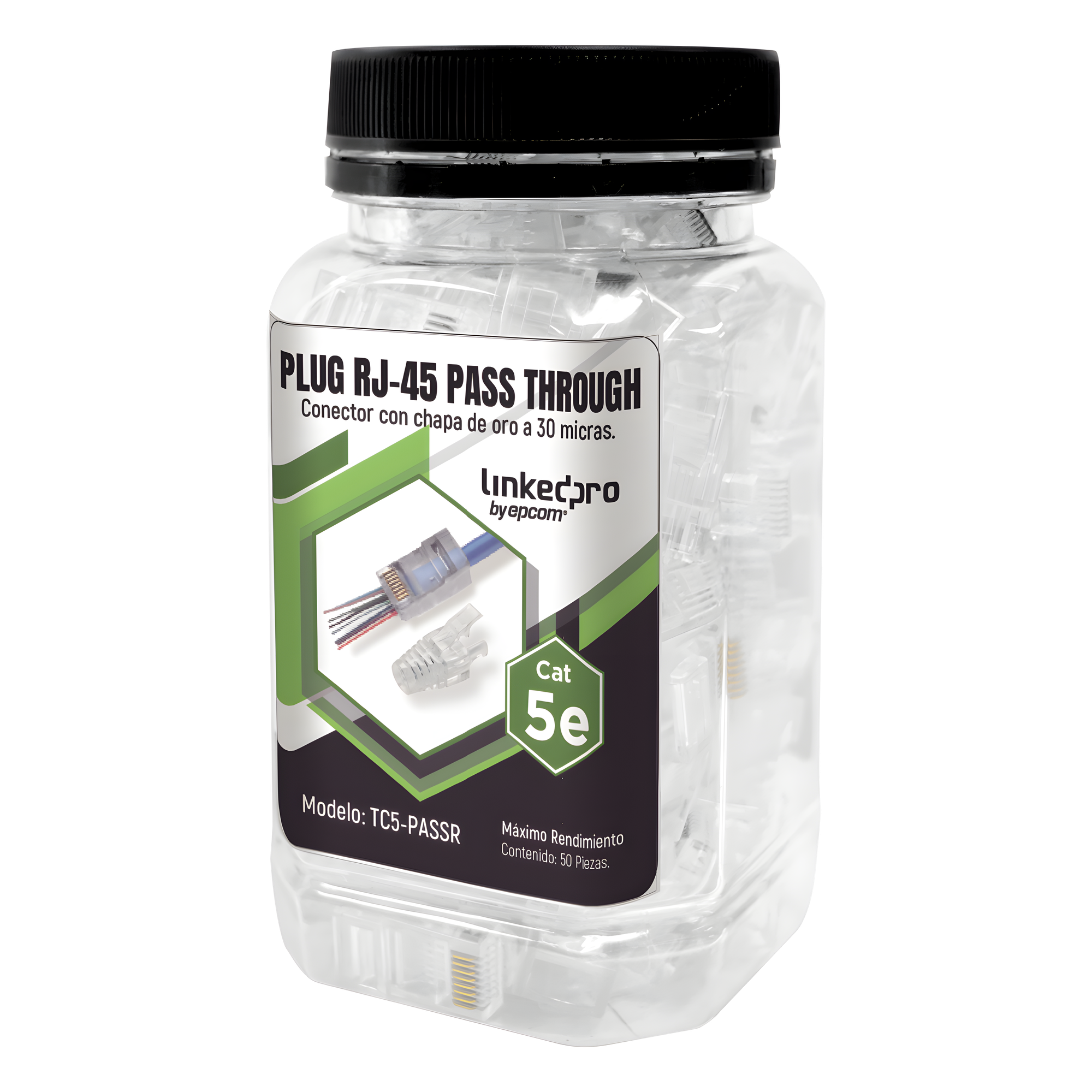 Bote con 50 Plugs Pass through RJ45 Cat5e sin blindaje, con alivio de tensión incluido, chapado de oro a 30 micras para durabilidad extrema