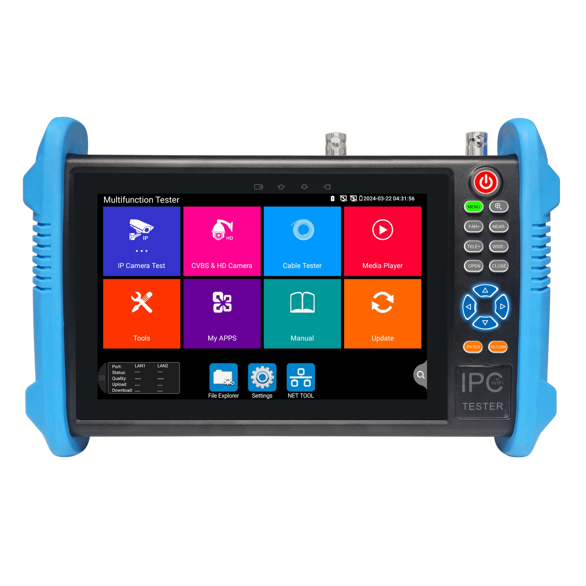Tester de Video Profesional | Pantalla 7"| Prueba IP/HD/Analógicas | TVI/CVI/AHD/CVBS | IP ONVIF | 4K/8K | H.264/H.265 | HDMI | PTZ | Scanner IP | TDR | Salidas 12V/24V/PoE | Activación Simultanea.