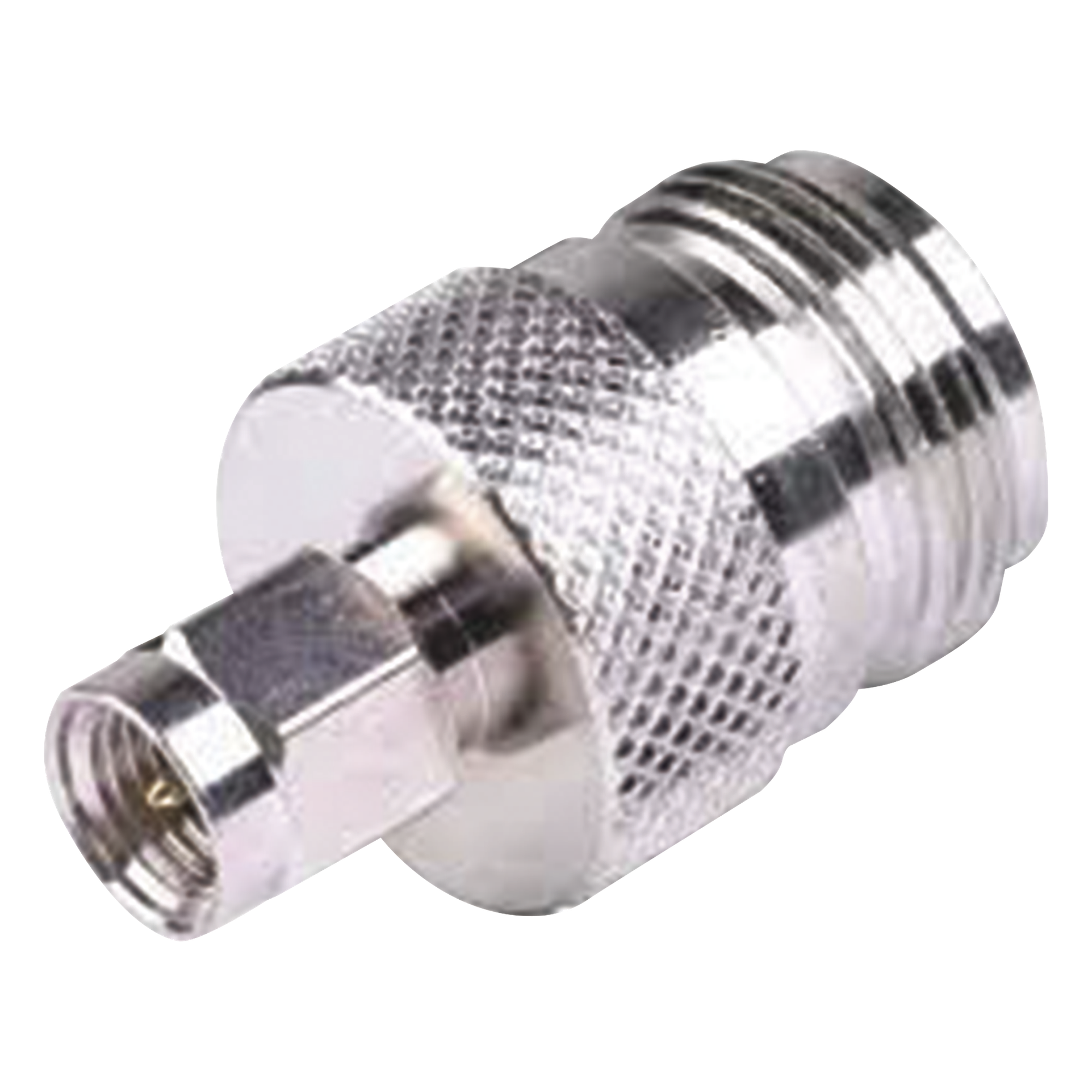 Adaptador en Linea de Conector SMA Macho a N Hembra, Niquel/ Oro/ Teflón.