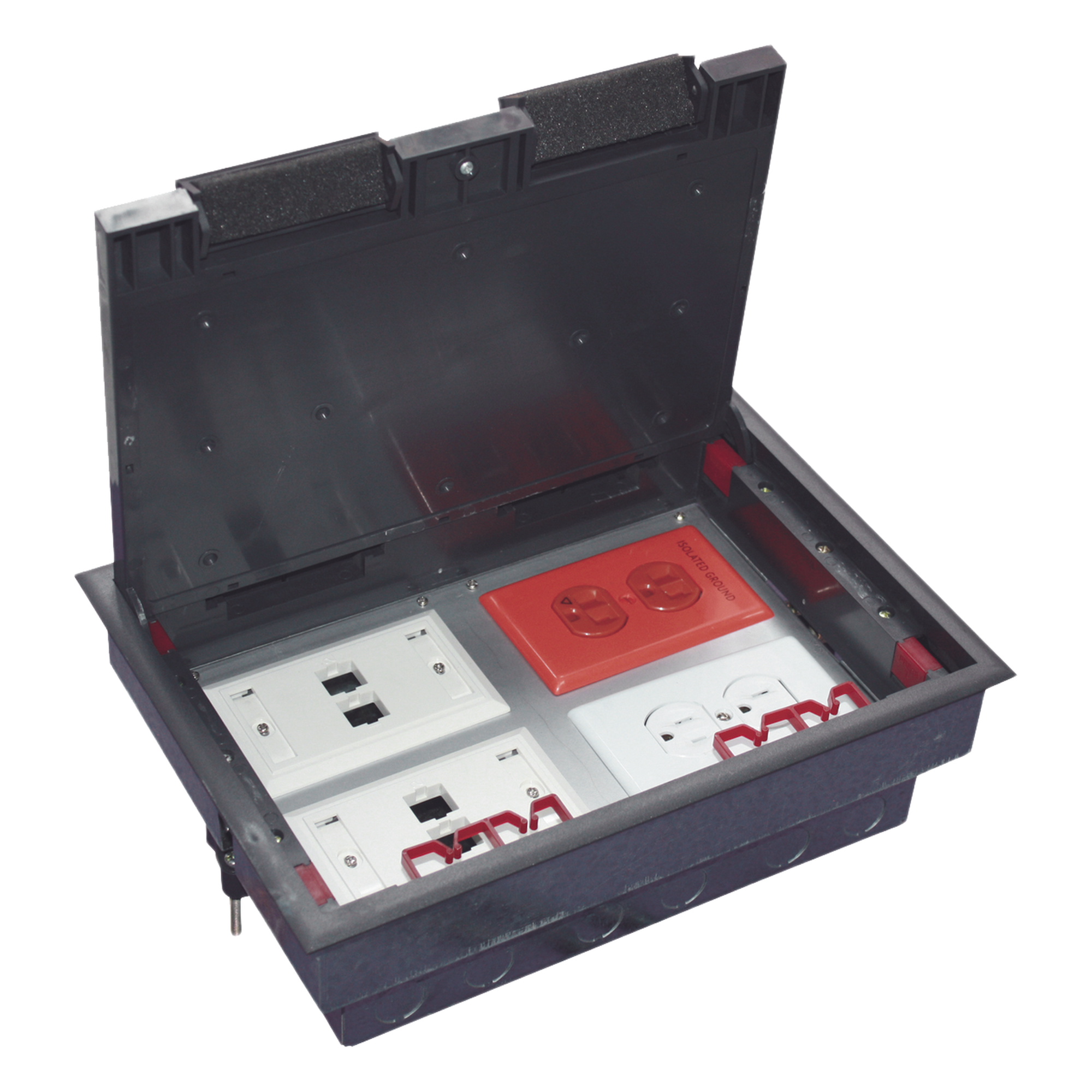 Caja de Piso para Cuatro Módulos Universales (Socket M4), para Alimentación Eléctrica y Redes de Datos (11000-43401) No Incluye Faceplates — THORSMAN · SKU TH-CP-4M