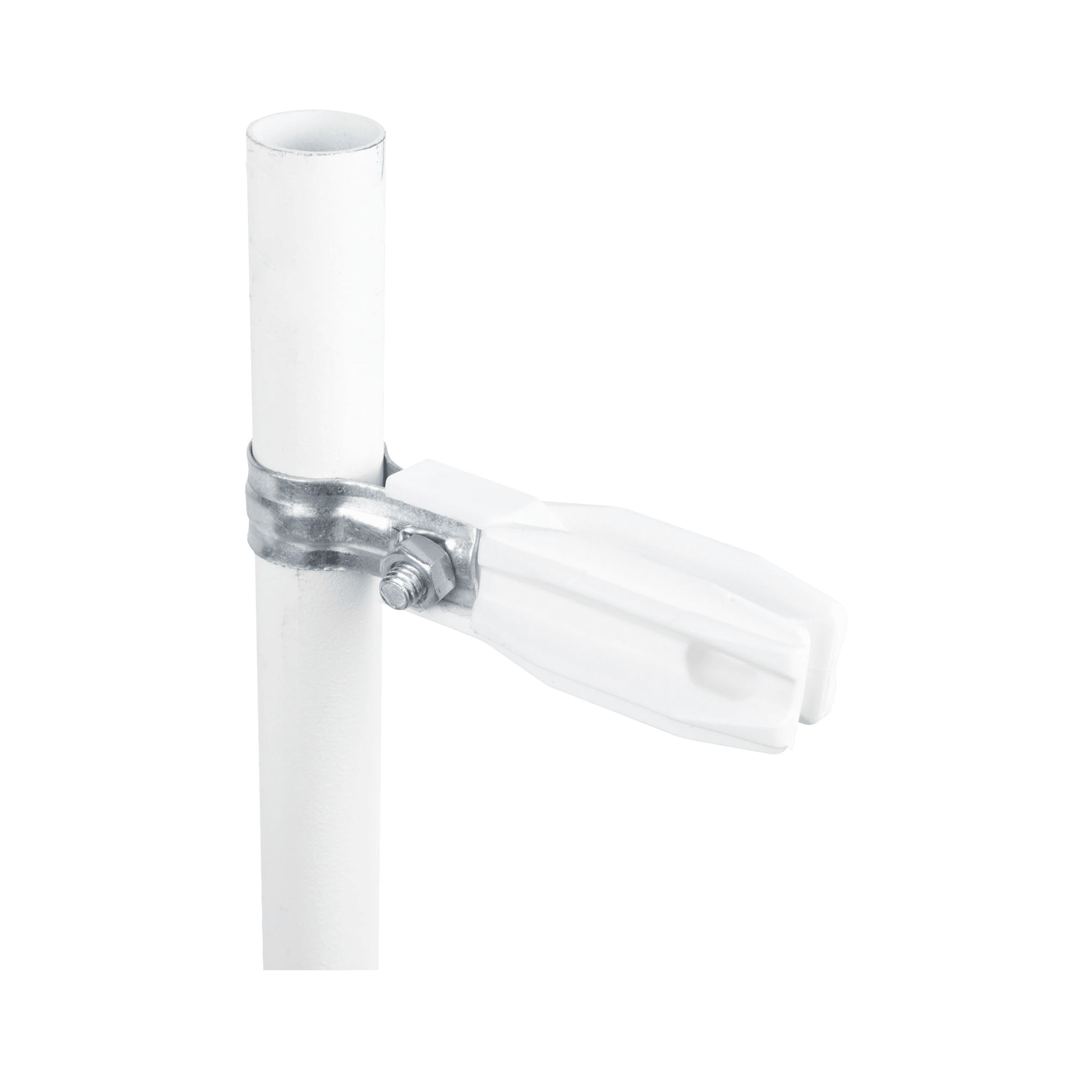 Aislador de paso o esquina de color Blanco con abrazadera incluida de 33-38mm para uso en tubería de malla ciclónica.