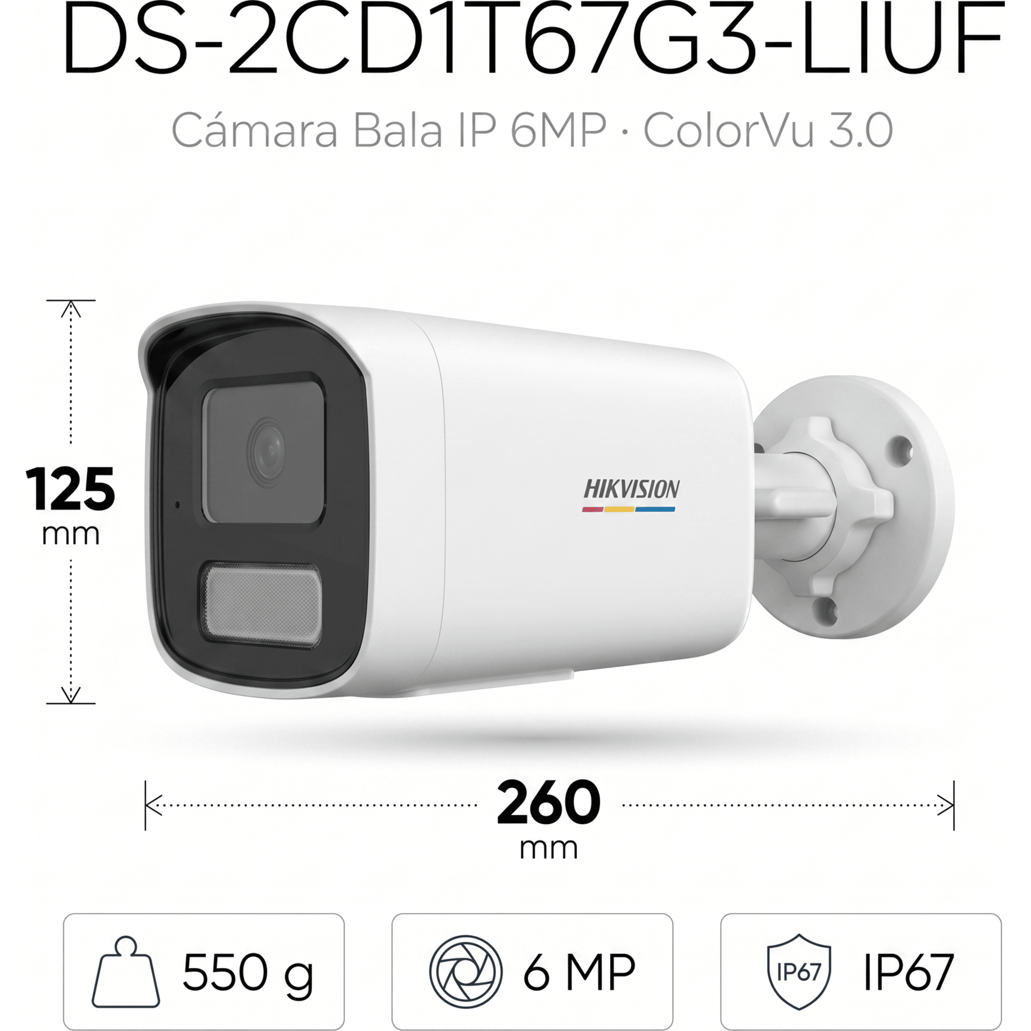 [ColorVu 3.0 + MD 3.0] Bala IP 6 Megapixel / Lente 4 mm / 50 mts IR + 50 mts Luz Blanca / Micrófono Integrado / Motion Detection 3.0 / Exterior IP67 / WDR 120 dB / PoE / Micro SD 