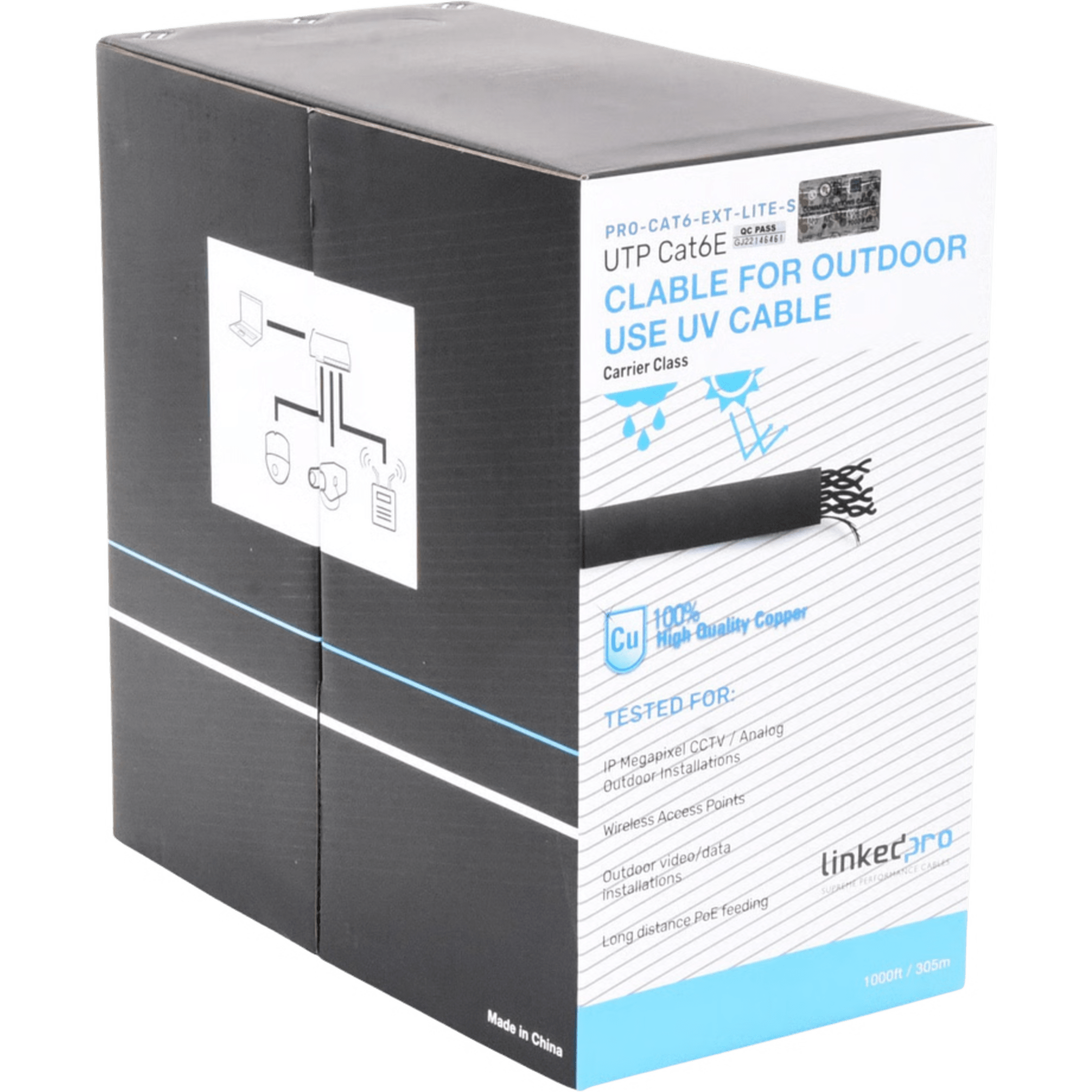 Cable UTP Cat6 / 24 AWG / 305 m (1000 ft) / Intemperie / PoE Extendido / 100% Cobre — LINKEDPRO BY EPCOM · SKU PRO-CAT-6-EXT-LITES-V2