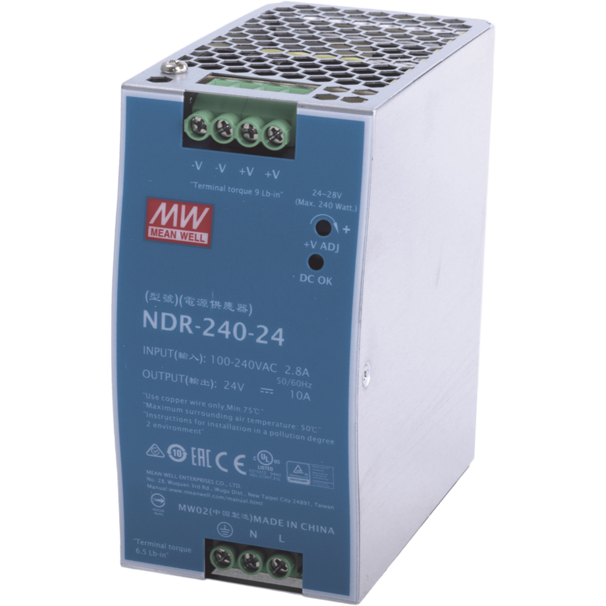Fuente de Poder Industrial / Riel DIN / 240W / 24Vcc / 10A / Entrada 90-264Vca / Eficiencia 88.5% / Sin Ventilador