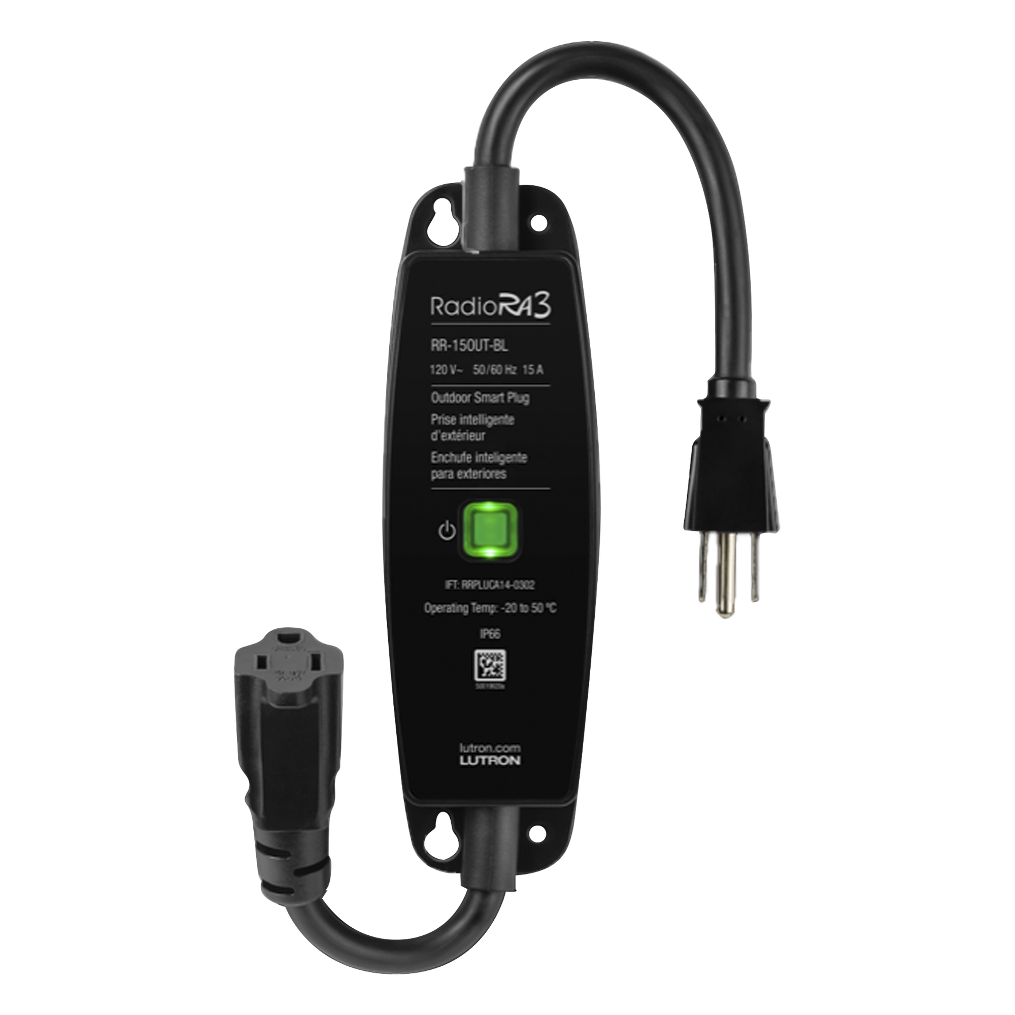 Interruptor de enchufe para exteriores on/off, resistente a la intemperie IP66, 15 A en iluminación o 1/2 HP en motores, sistema RadioRA 3 — LUTRON CASETA WIRELESS · SKU RR15OUTBL