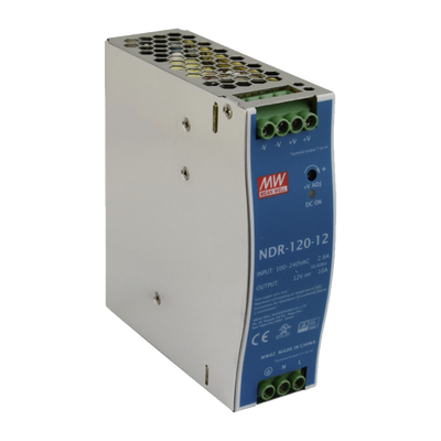 Fuente de poder industrial / 120 W / 12 Vcc / 10 A / Entrada 90~264 VCA / Riel DIN / 1.57 x 4.93 x 4.47 in — MEANWELL · SKU NDR-120-12
