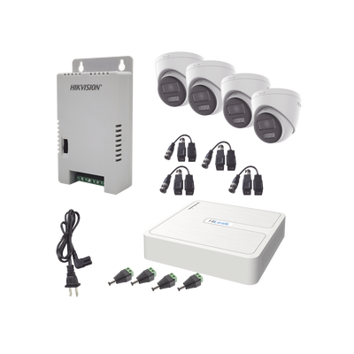 Kit HiLook Audio Bidireccional TurboHD 1080p / DVR 4 Canales / 4 Cámaras Eyeball (Exterior) con Bocina y Microfóno Integrado / 1 Fuente de Poder / Accesorios — HiLook by HIKVISION · SKU HL-1080P-4E-TWA