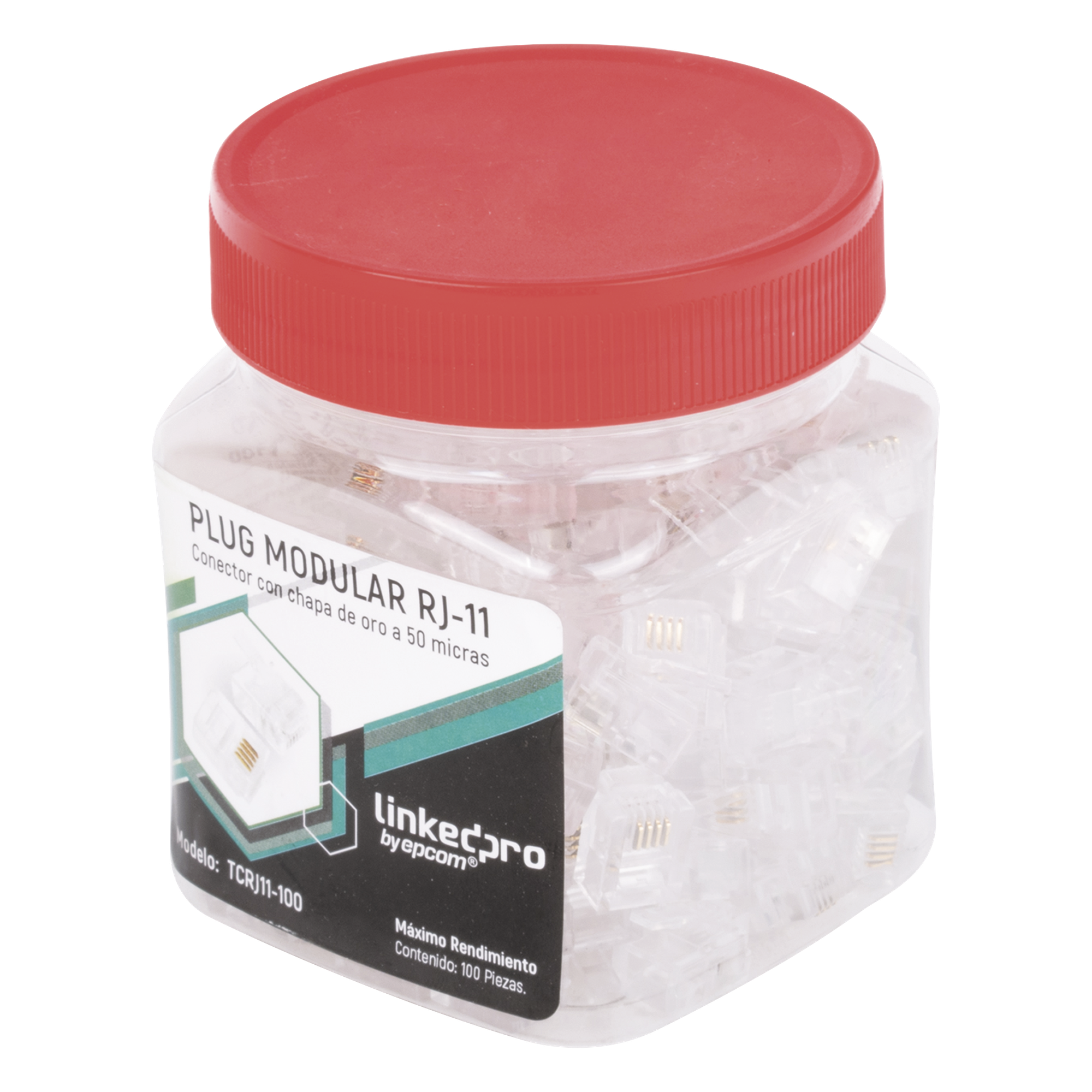 Bote con 100 Piezas de Plug Modular Tipo RJ11 de 4 Contactos Chapado de Oro a 50 Micras — LINKEDPRO BY EPCOM · SKU TCRJ11-100