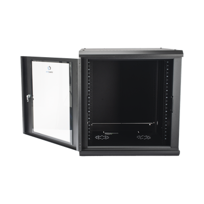 Gabinete Rack de Pared 12 Unidades / 19 Pulgadas / Ventilado / Puerta de Vidrio / Acero Calibre 18 / Carga 100 Kg / 635 x 606 x 612 mm (25 x 23.9 x 24.1 in) / Pintura Electrostática / Negro