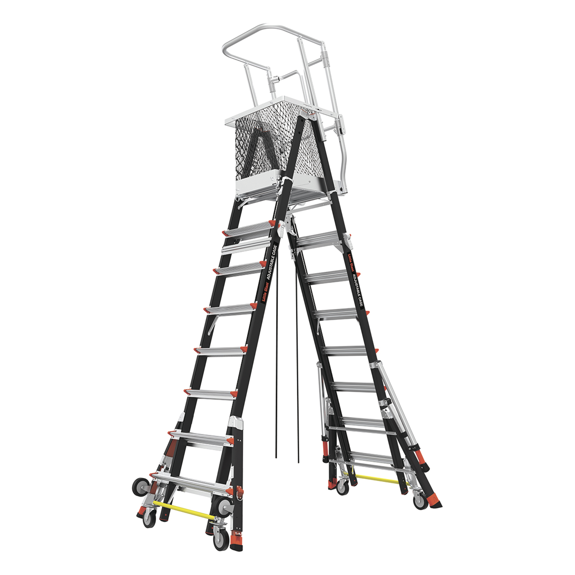 Escalera de Fibra de Vidrio con Jaula de 8'-14' (2.44 - 4.27 m). Con Ajuste en Ruedas (RATCHET™ Leveler) (SKU:18515-817).