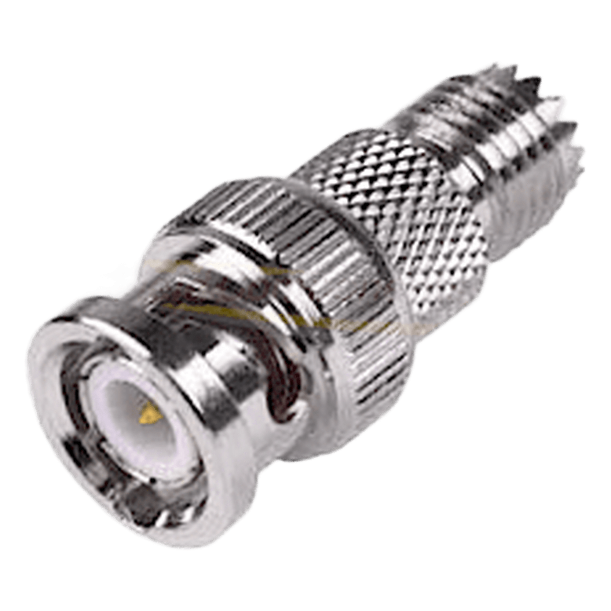 Adaptador de Conector RF / Mini-UHF Hembra a BNC Macho / Montaje en Línea / Impedancia 50Ω / Cuerpo Bronce Niquelado / Contacto Oro 24K / Aislante Teflón — RF INDUSTRIES,LTD · SKU RFU-627