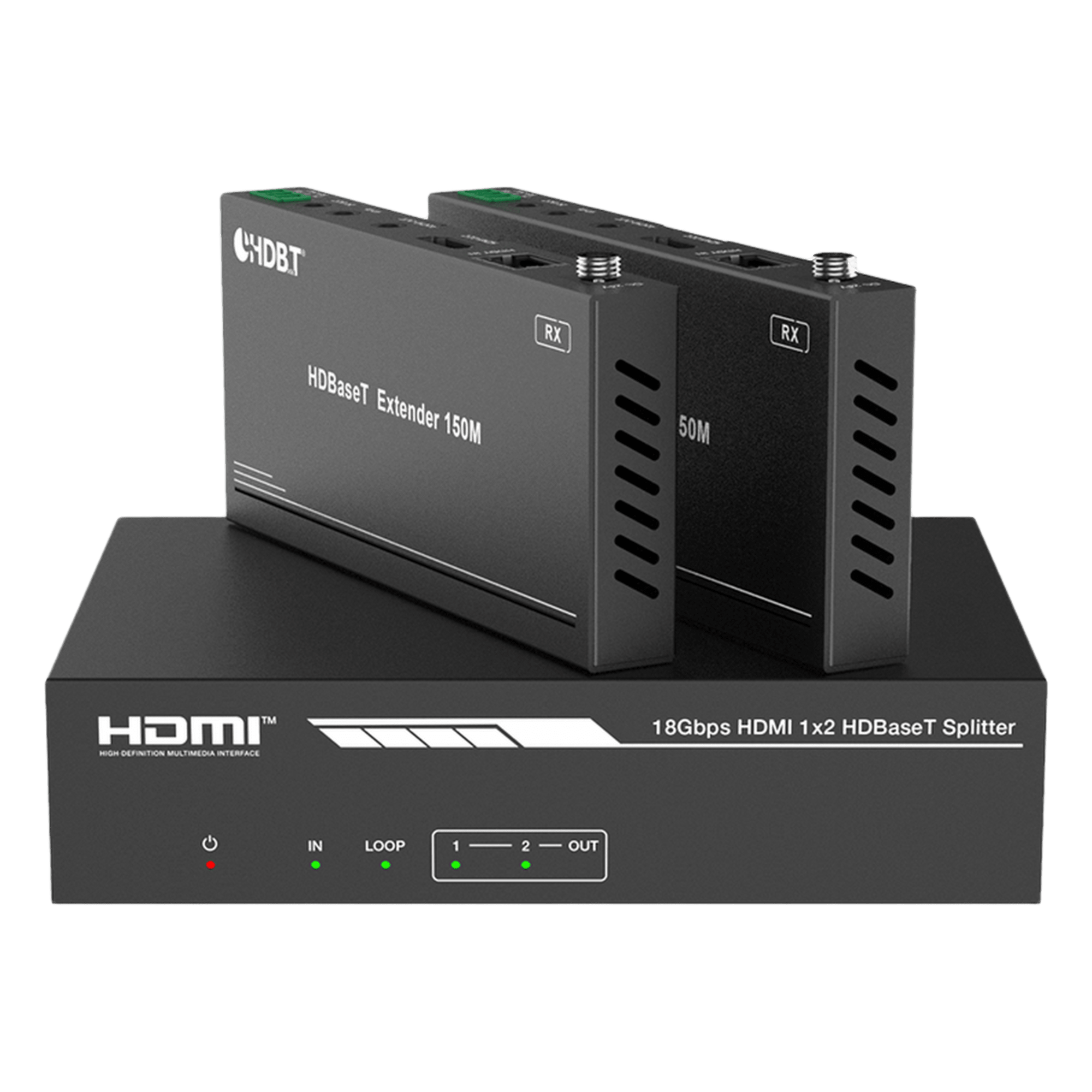 Splitter mas Extensor de Video | 1x2 | ProAV | HDBaseT™ | 120m en 4K@60Hz | 150m en 1080p@60Hz | Cat6/6a/7 | Gestión Avanzada EDID | Control IR y RS232 | PoC | Salida de Audio — EPCOM PROAUDIO · SKU EPP-SPB12H150